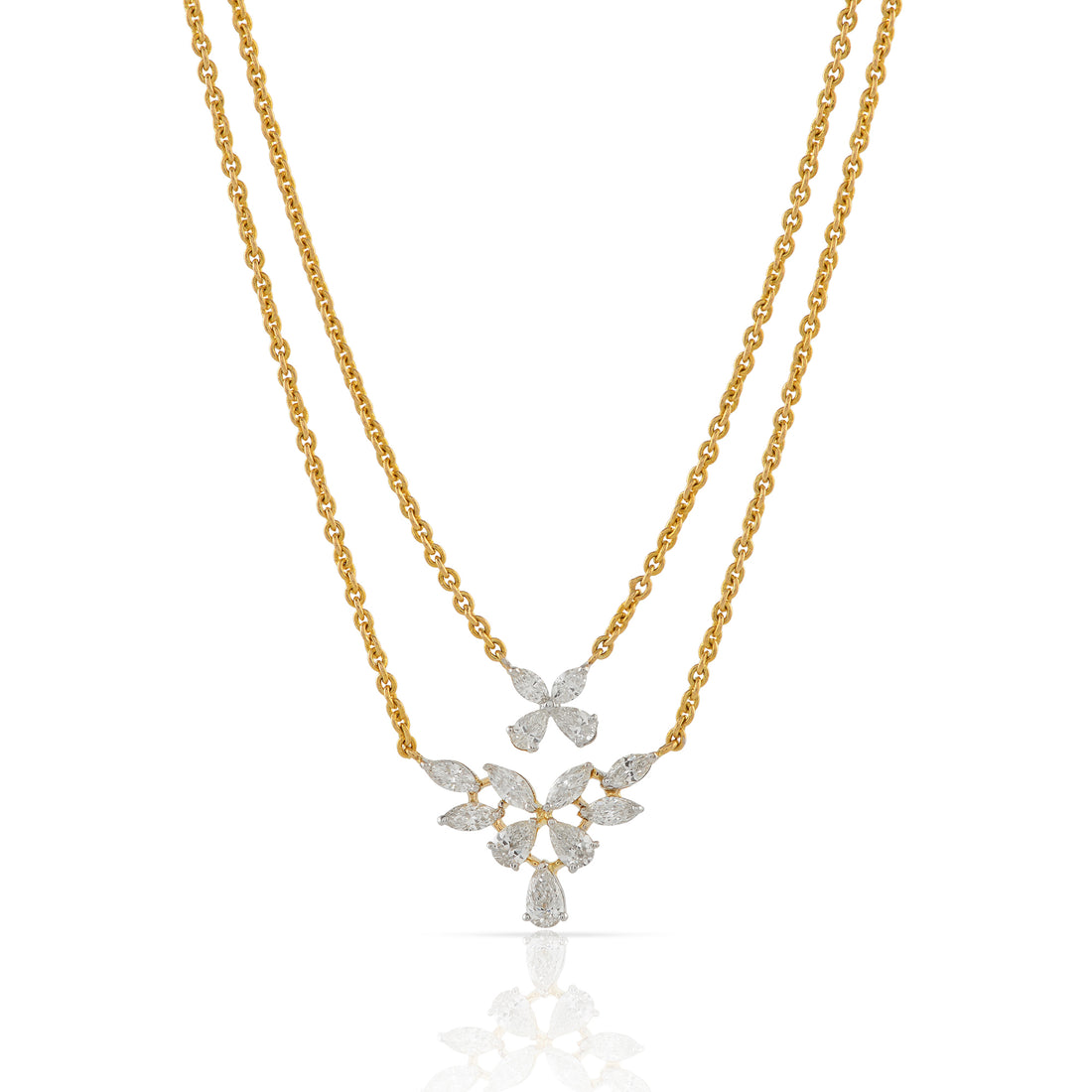 Gold Triple Chain Flower n Leaf Diamond Pendant - Krishna Jewellers Pearls and Gems