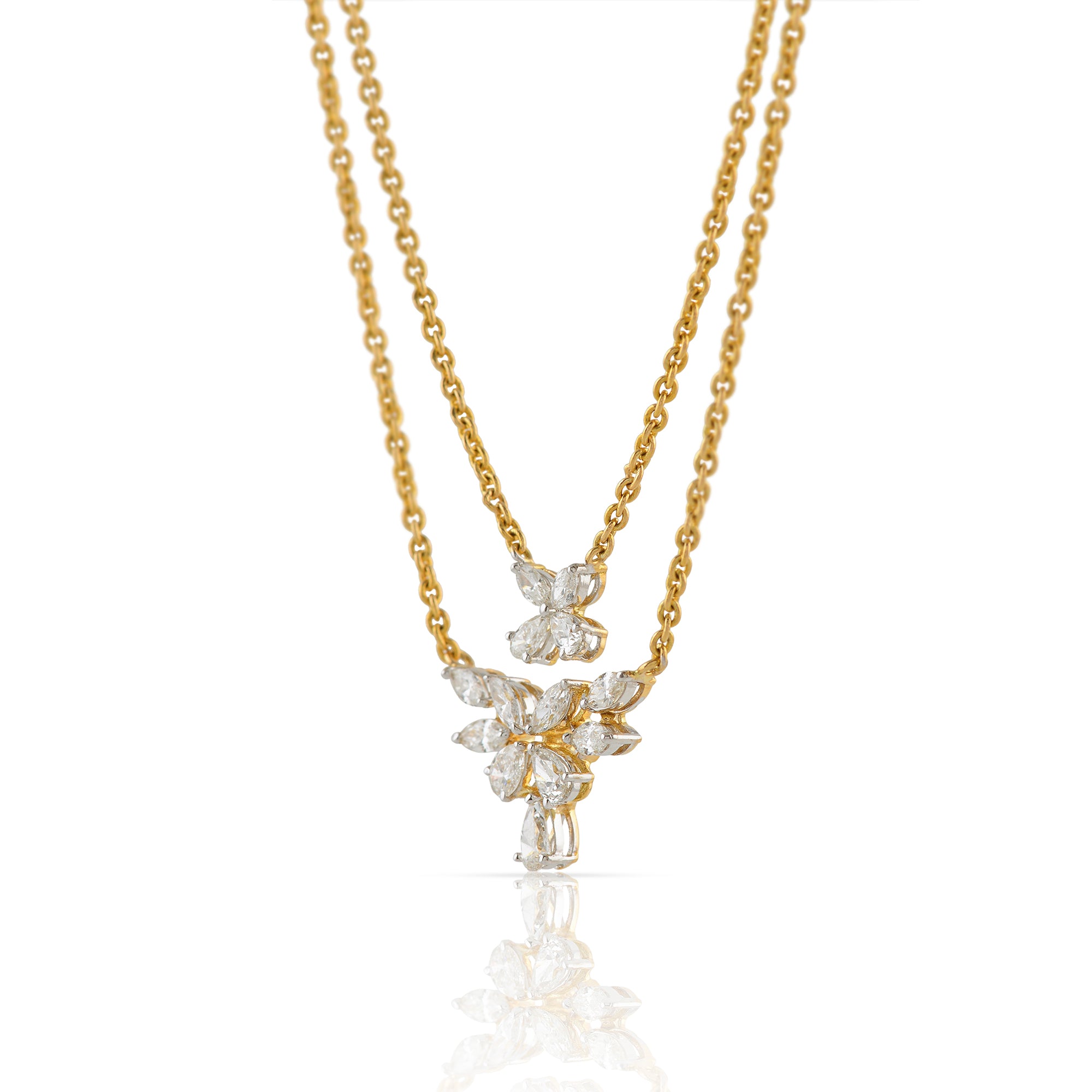 Gold Triple Chain Flower n Leaf Diamond Pendant - Krishna Jewellers Pearls and Gems