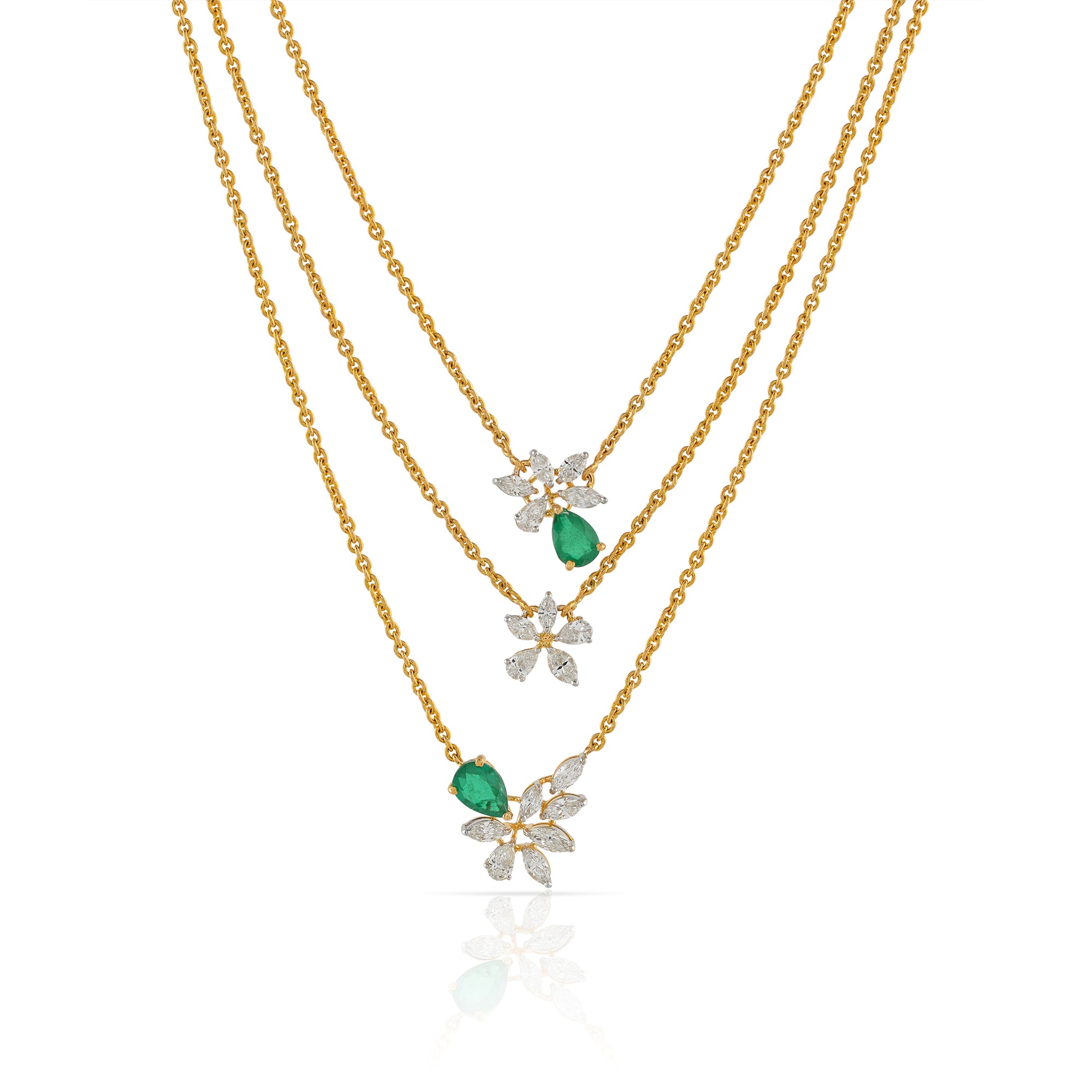 Gold Double Chain Floral Diamond Pendant - Krishna Jewellers Pearls and Gems