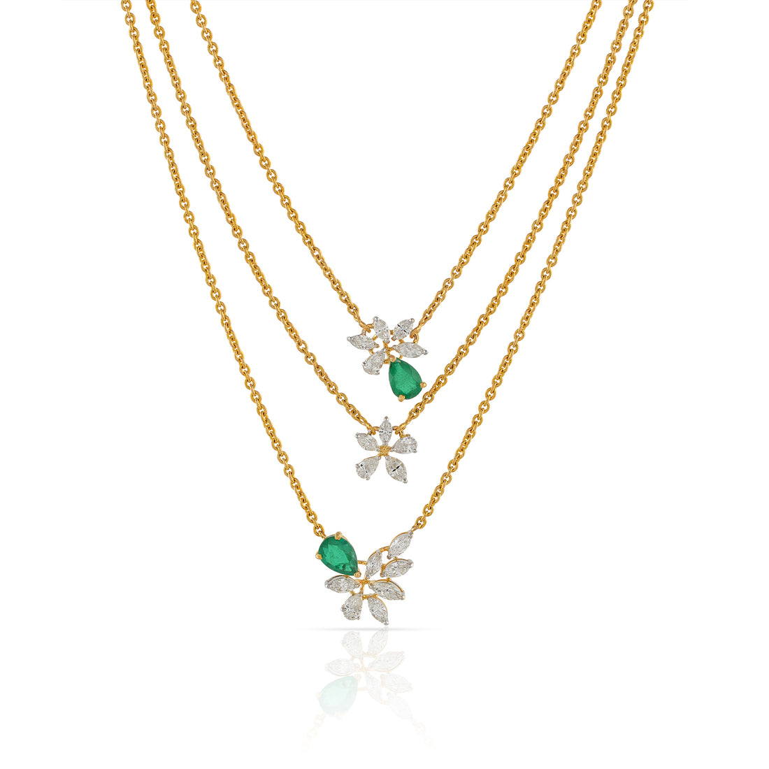 Gold Double Chain Floral Diamond Pendant - Krishna Jewellers Pearls and Gems