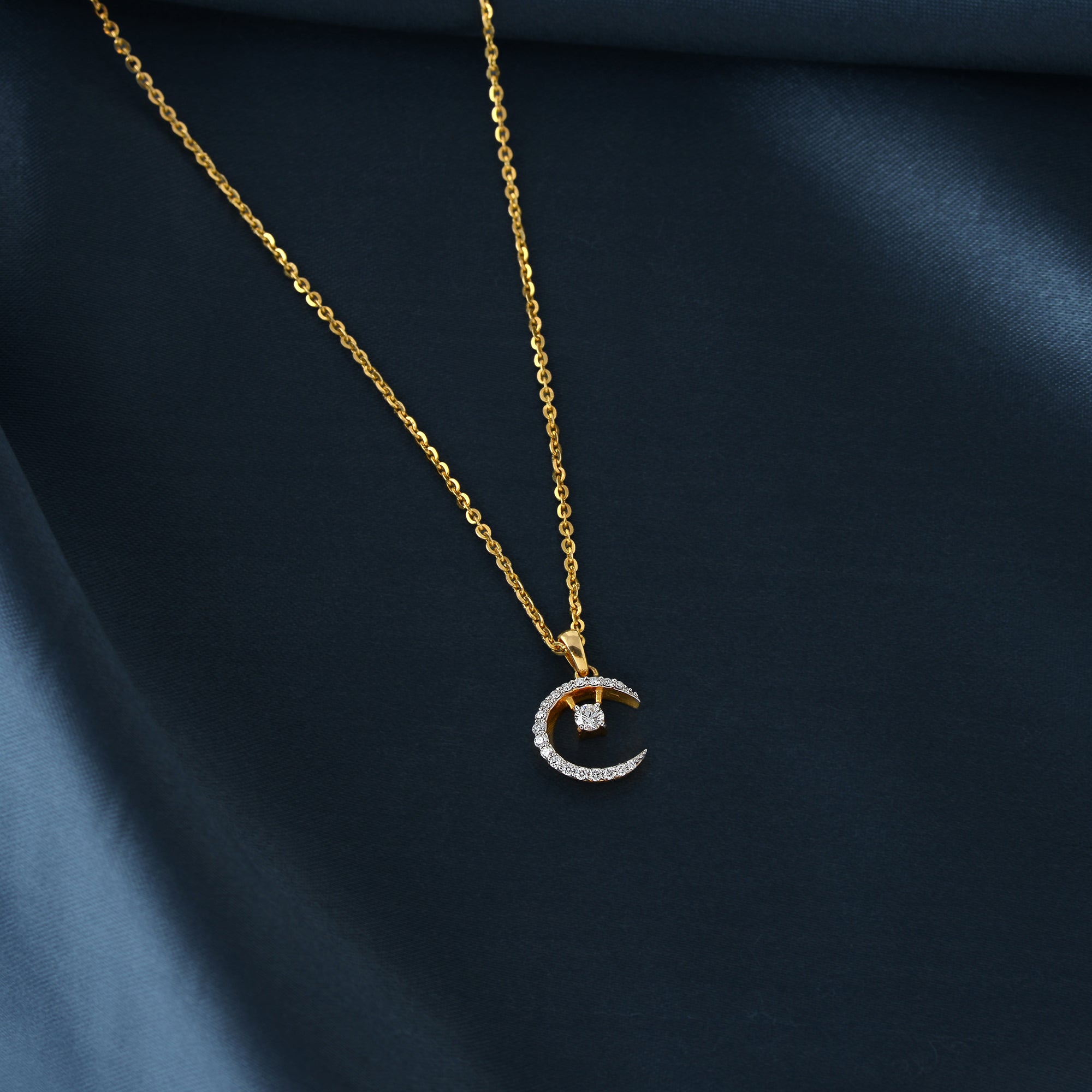 Gold Chain Creascent Moon Diamond Pendant - Krishna Jewellers Pearls and Gems