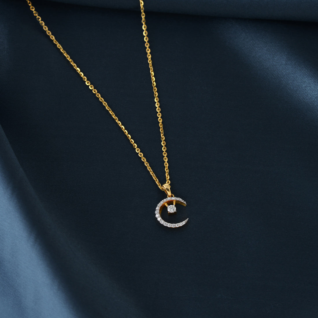 Gold Chain Creascent Moon Diamond Pendant - Krishna Jewellers Pearls and Gems