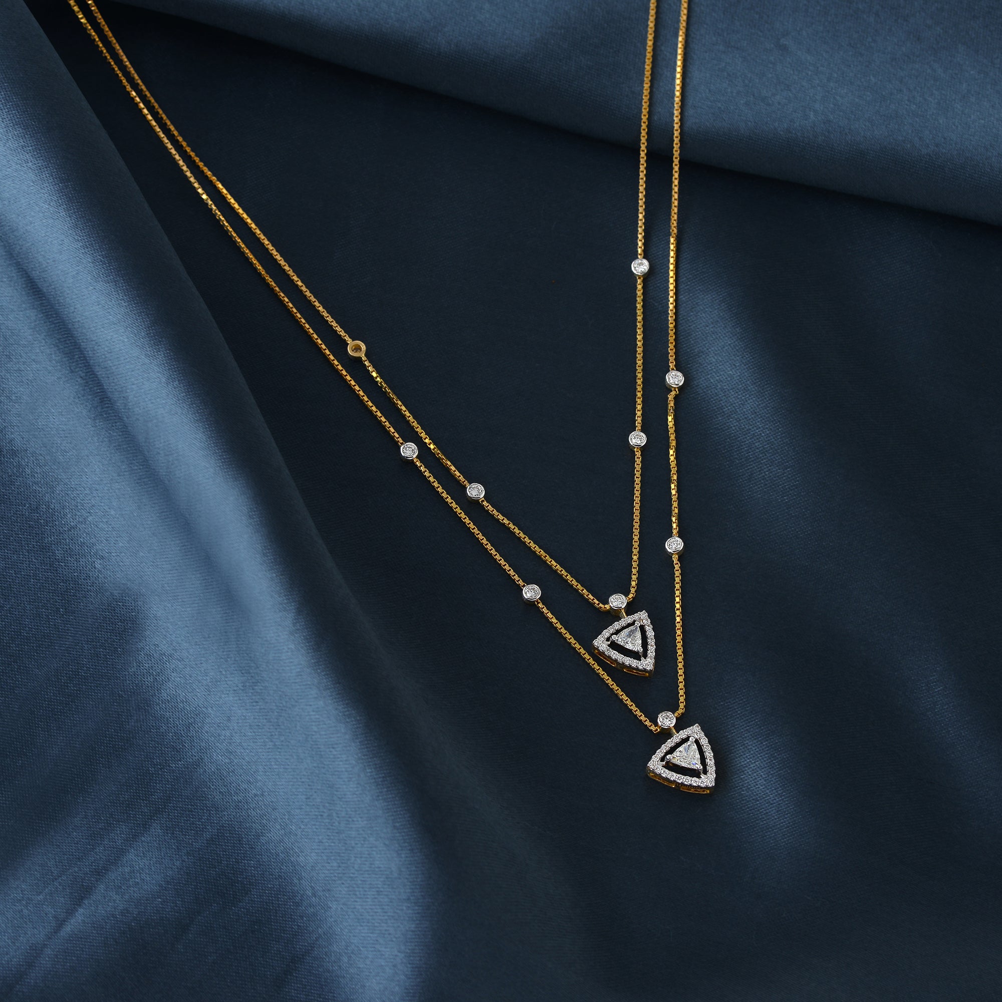 Gold Chain Triangle Round Diamond Pendant - Krishna Jewellers Pearls and Gems