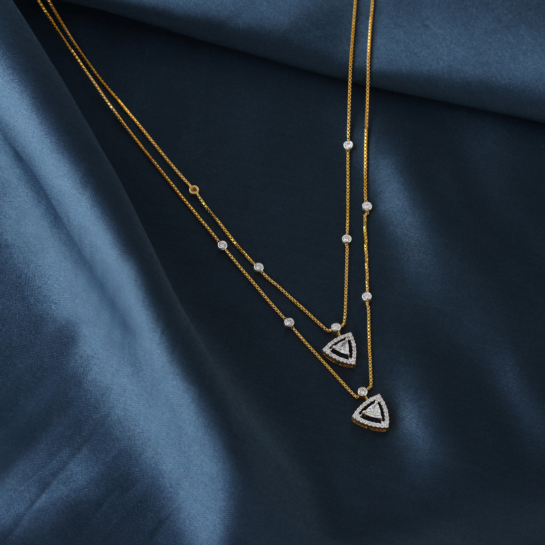 Gold Chain Triangle Round Diamond Pendant - Krishna Jewellers Pearls and Gems