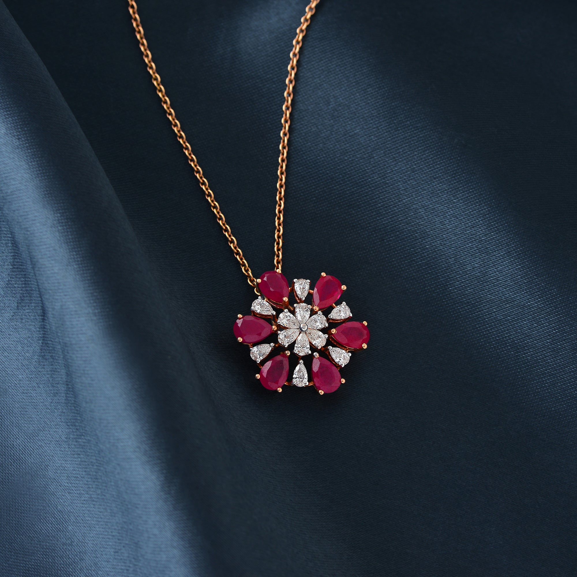 Gold Chain-Magenta Flower Diamond Pendant - Krishna Jewellers Pearls and Gems