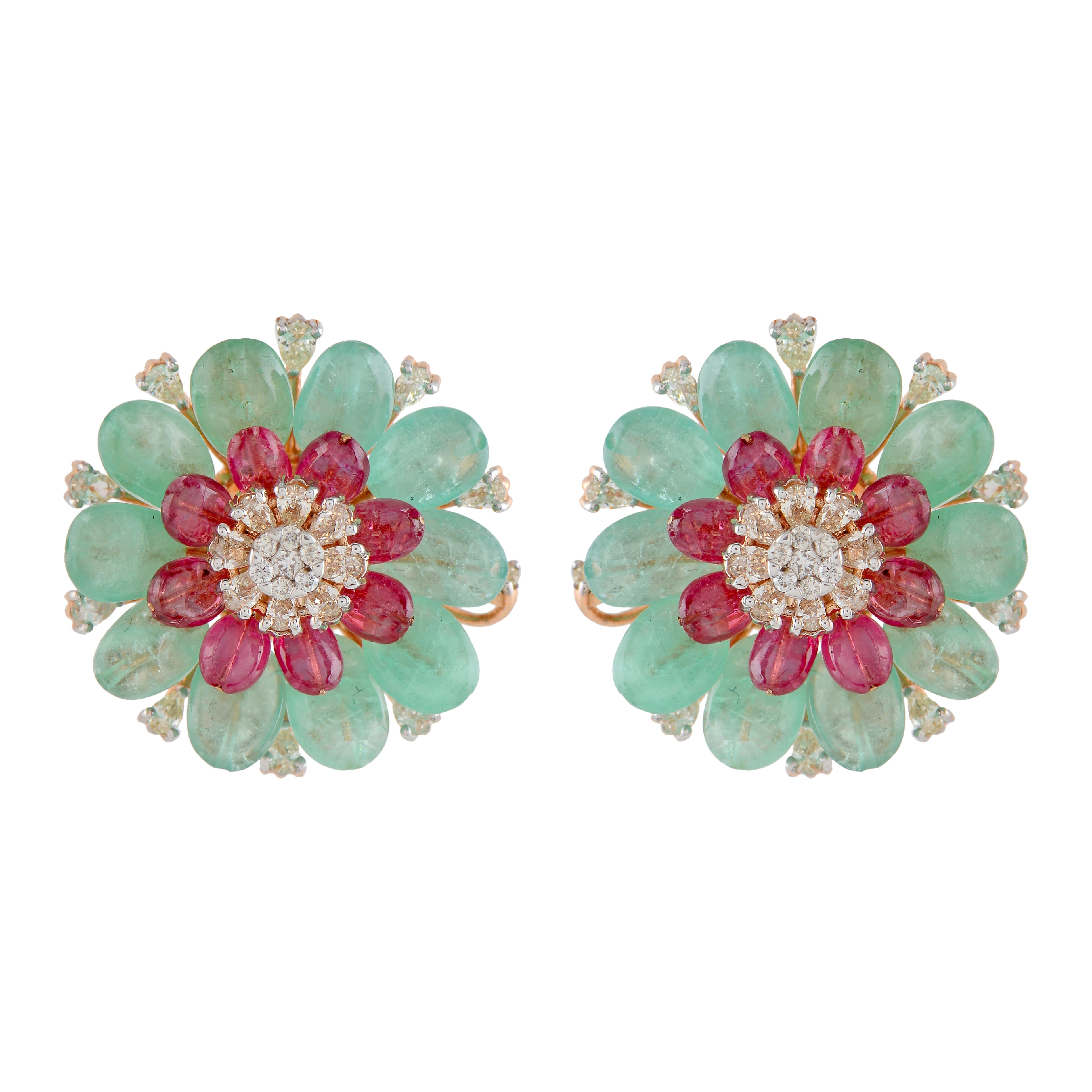 Floral Ruby & Emerald Diamond Studs - Krishna Jewellers Pearls and Gems
