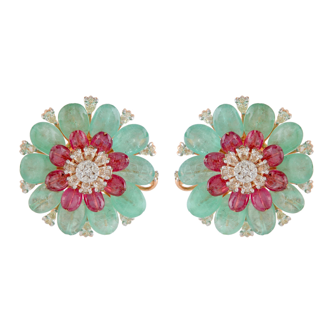 Floral Ruby & Emerald Diamond Studs - Krishna Jewellers Pearls and Gems