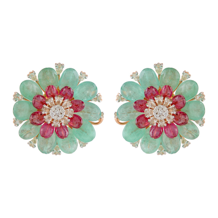 Floral Ruby & Emerald Diamond Studs - Krishna Jewellers Pearls and Gems