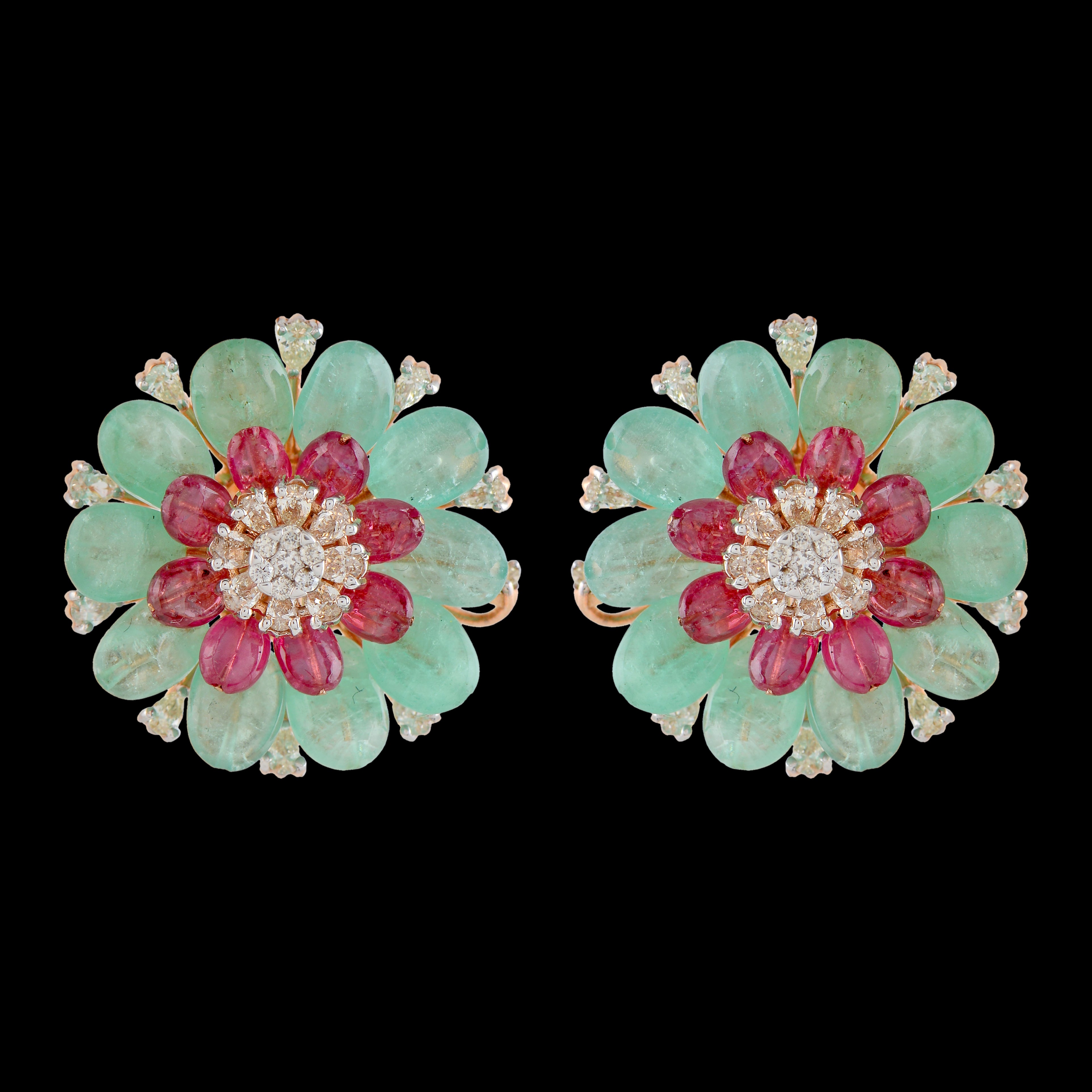 Floral Ruby & Emerald Diamond Studs - Krishna Jewellers Pearls and Gems