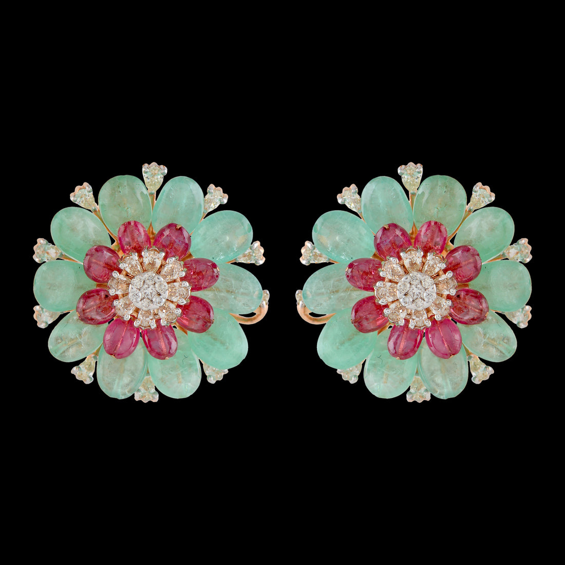 Floral Ruby & Emerald Diamond Studs - Krishna Jewellers Pearls and Gems