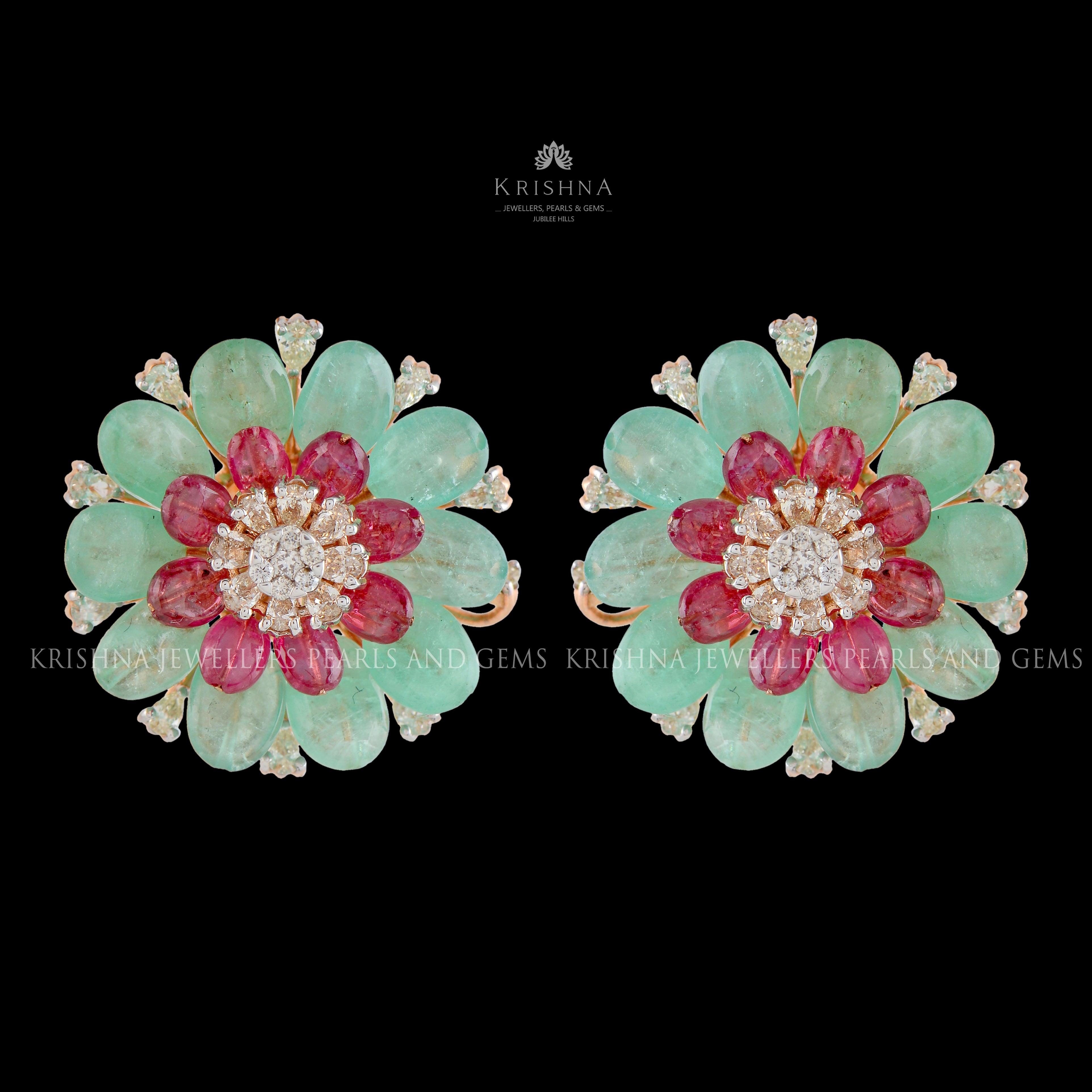 Floral Ruby & Emerald Diamond Studs - Krishna Jewellers Pearls and Gems