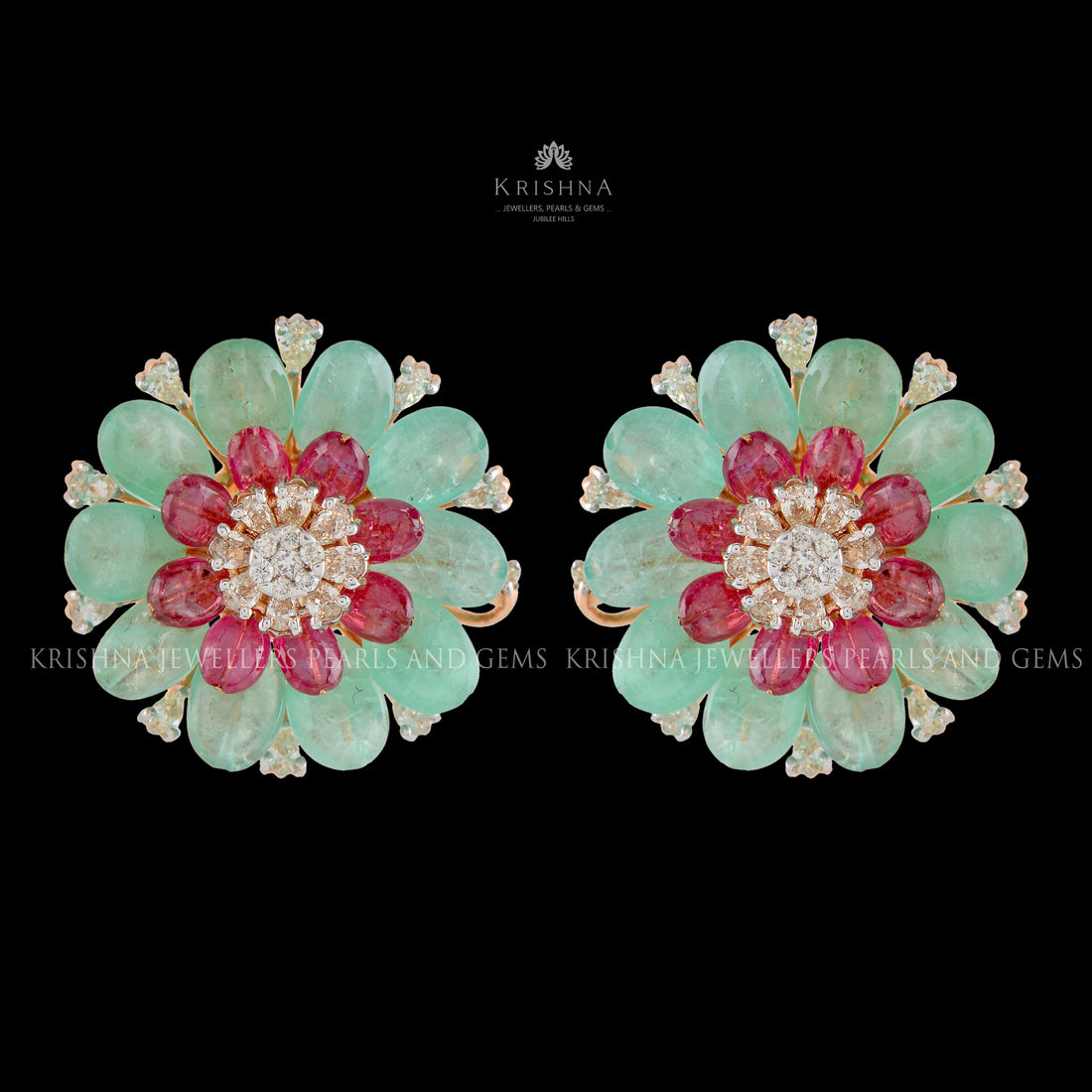 Floral Ruby & Emerald Diamond Studs - Krishna Jewellers Pearls and Gems