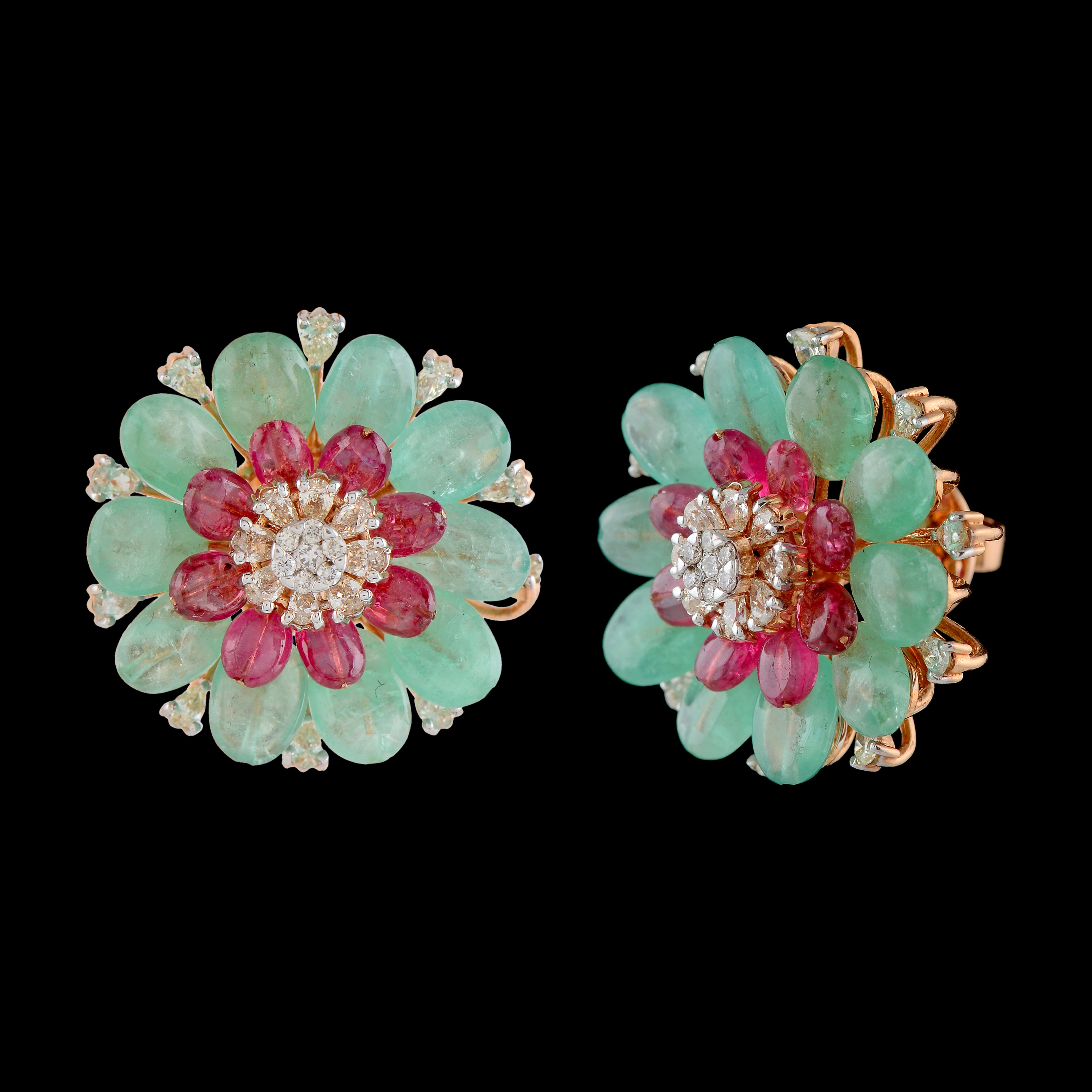 Floral Ruby & Emerald Diamond Studs - Krishna Jewellers Pearls and Gems