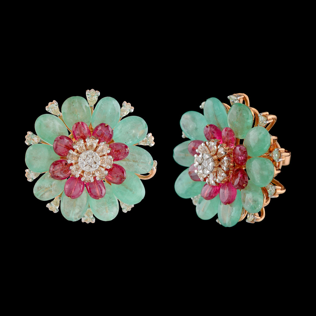 Floral Ruby & Emerald Diamond Studs - Krishna Jewellers Pearls and Gems