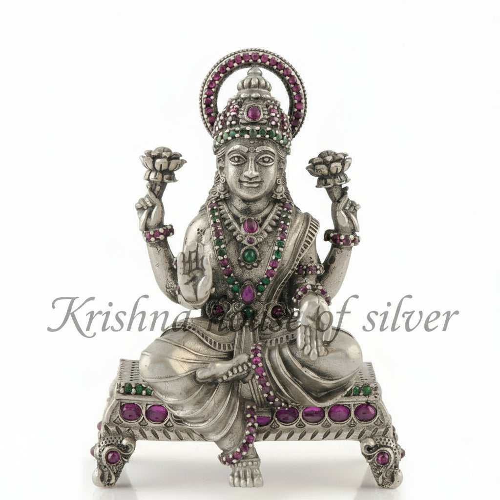 Gemstone Paata Lakshmi Statue - Silver Hindu Goddess