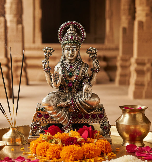 Gemstone Paata Lakshmi Statue - Silver Hindu Goddess