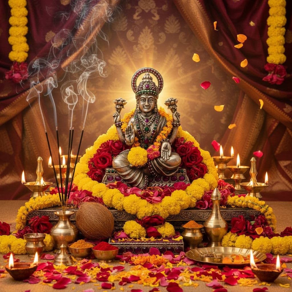 Gemstone Paata Lakshmi Statue - Silver Hindu Goddess