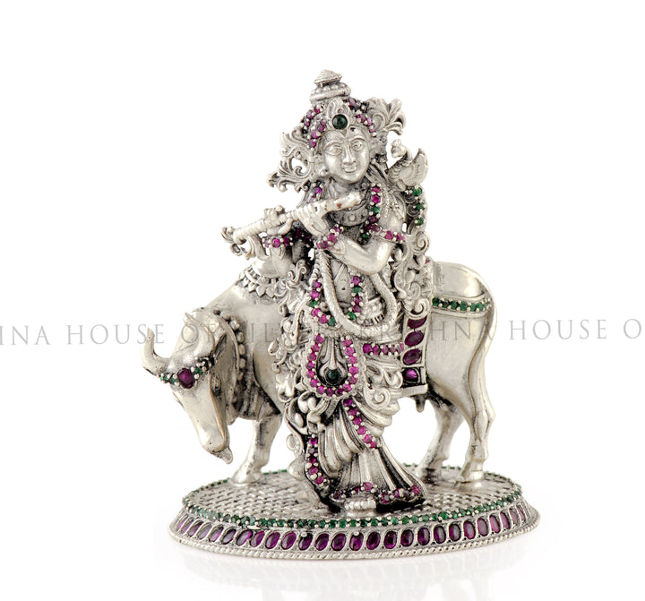 Divine Cow Krishna Idol in 92.5 Silver - With Gemstones