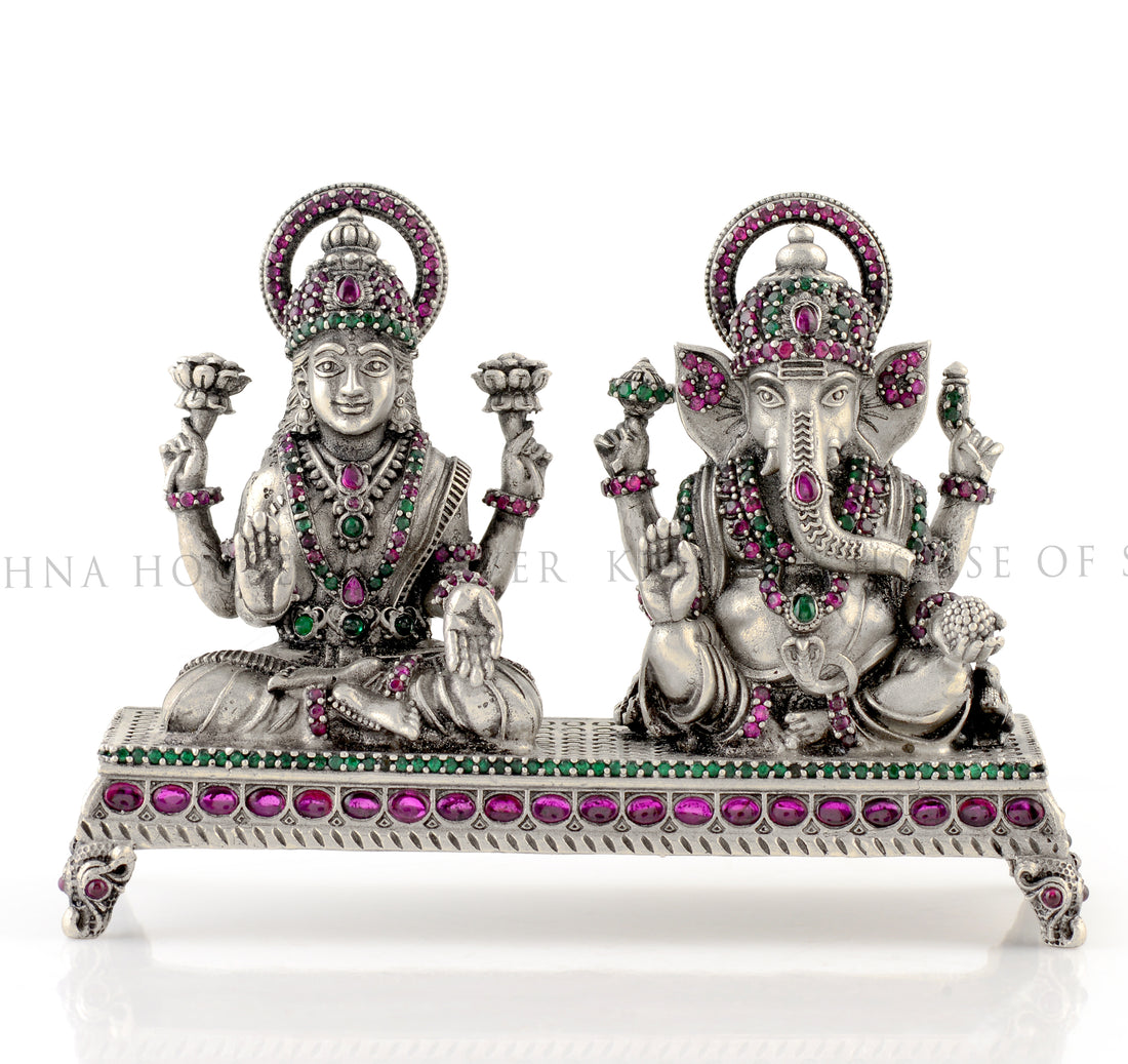 Masterfully Stone Crafted 92.5 Silver Idol - Ganesh & Lakshmi