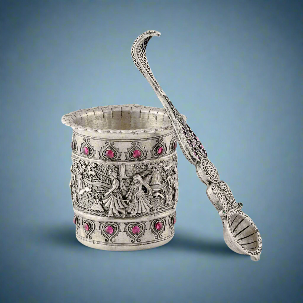 Silver Panchapatra Set - Intricate Stonework & Design