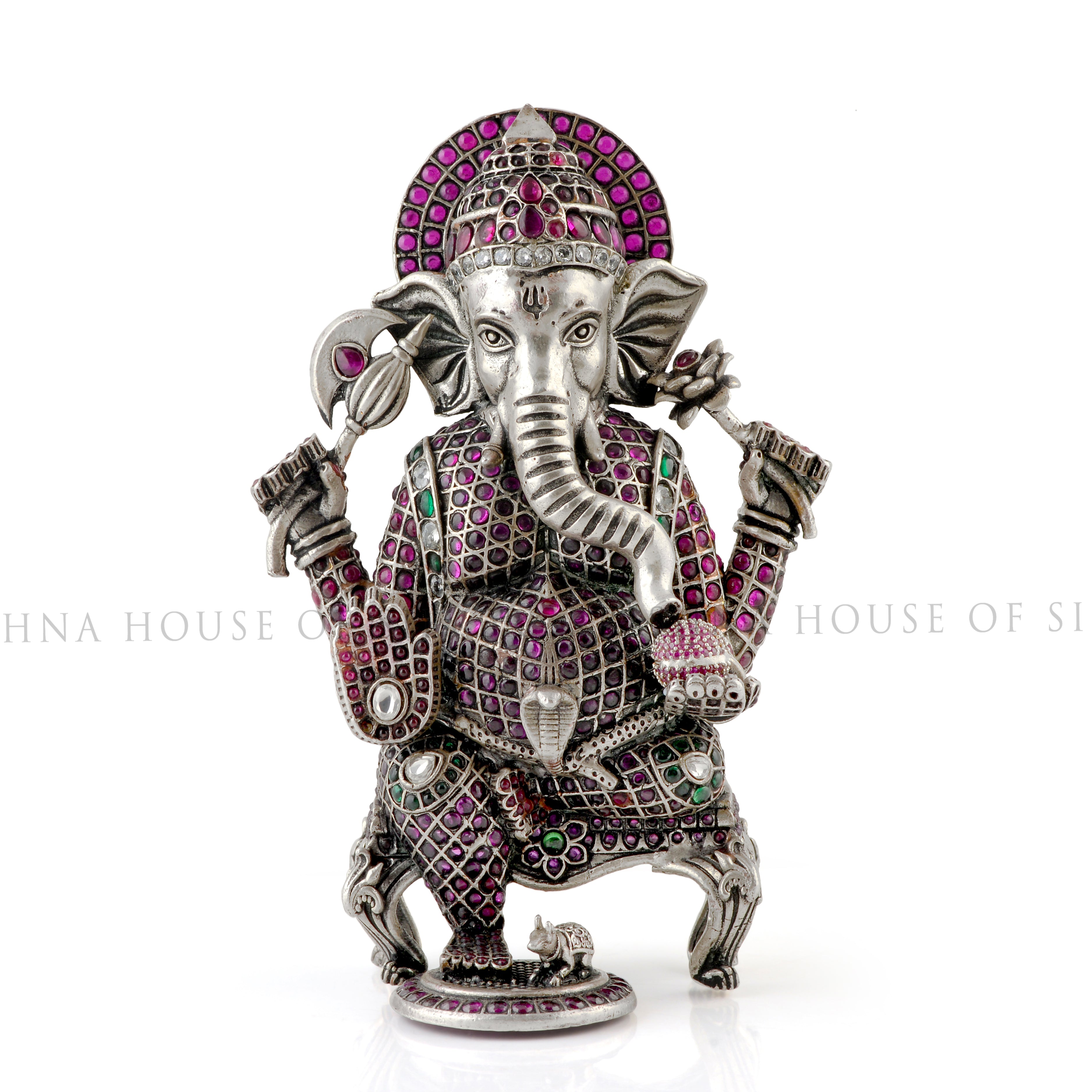 Silver Ganesha Idol with Gemstones - Seated & Detailed