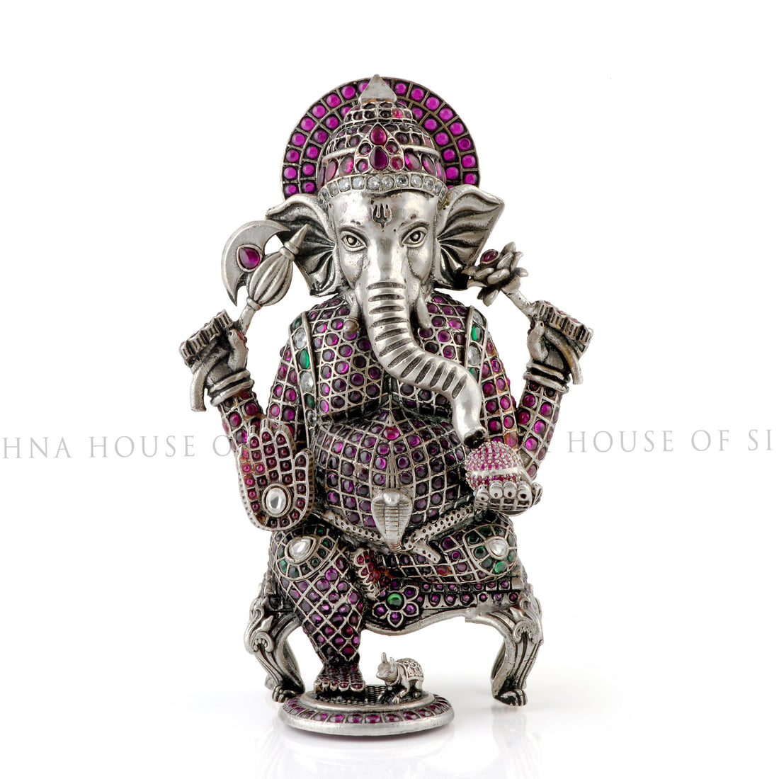 Silver Ganesha Idol with Gemstones - Seated & Detailed