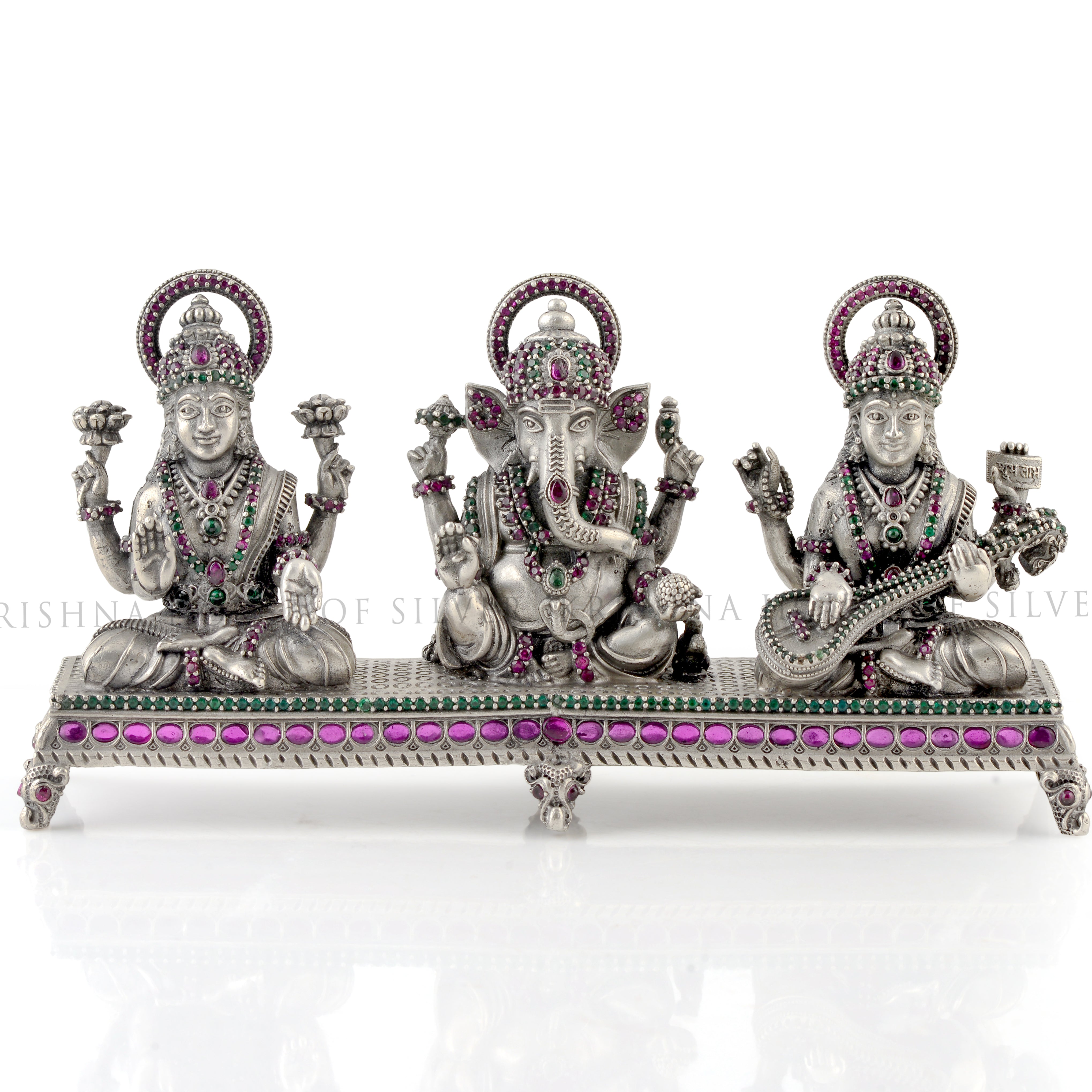 Silver Ganesh Saraswati Lakshmi - 3 Blessings Idol with Stone Detailing