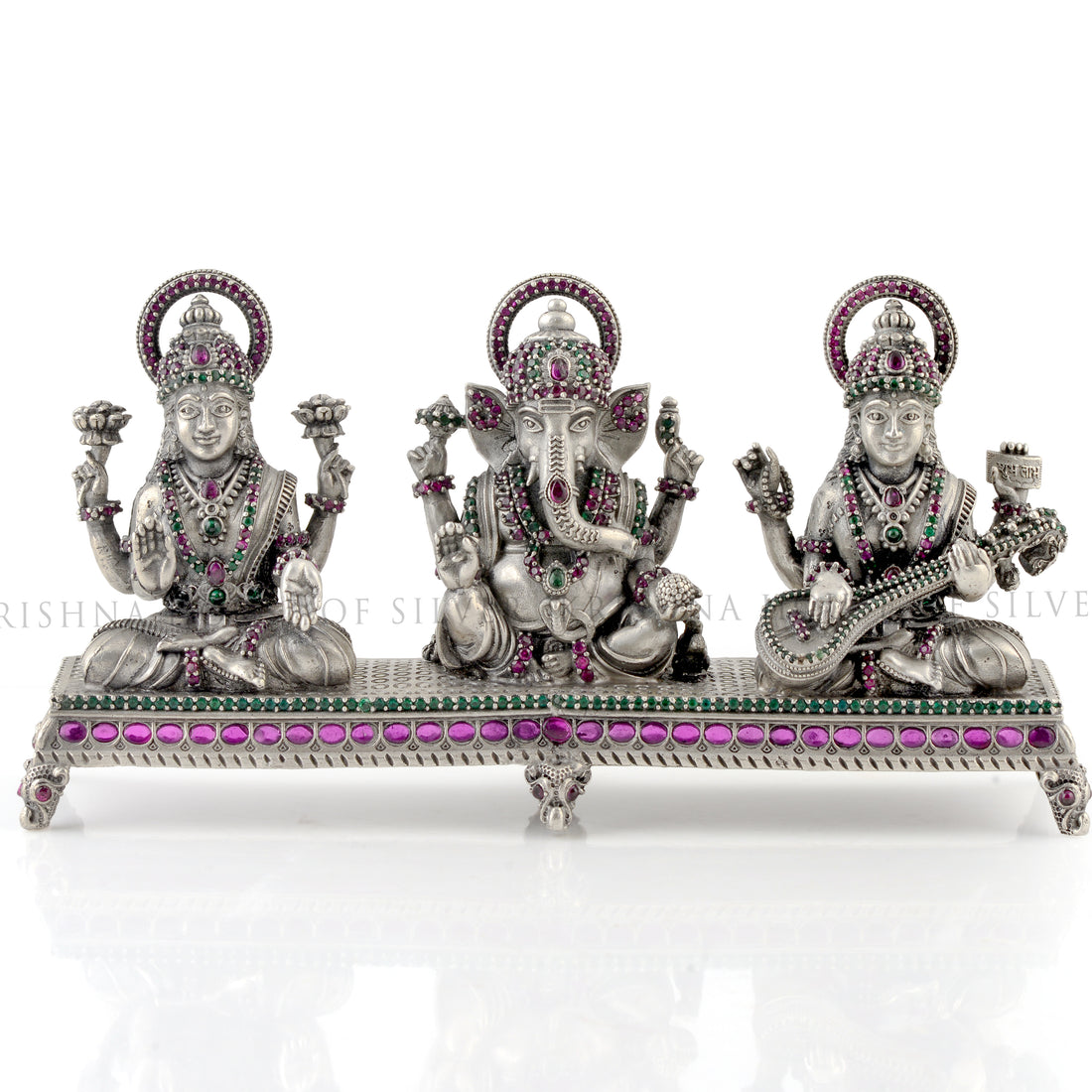Silver Ganesh Saraswati Lakshmi - 3 Blessings Idol with Stone Detailing