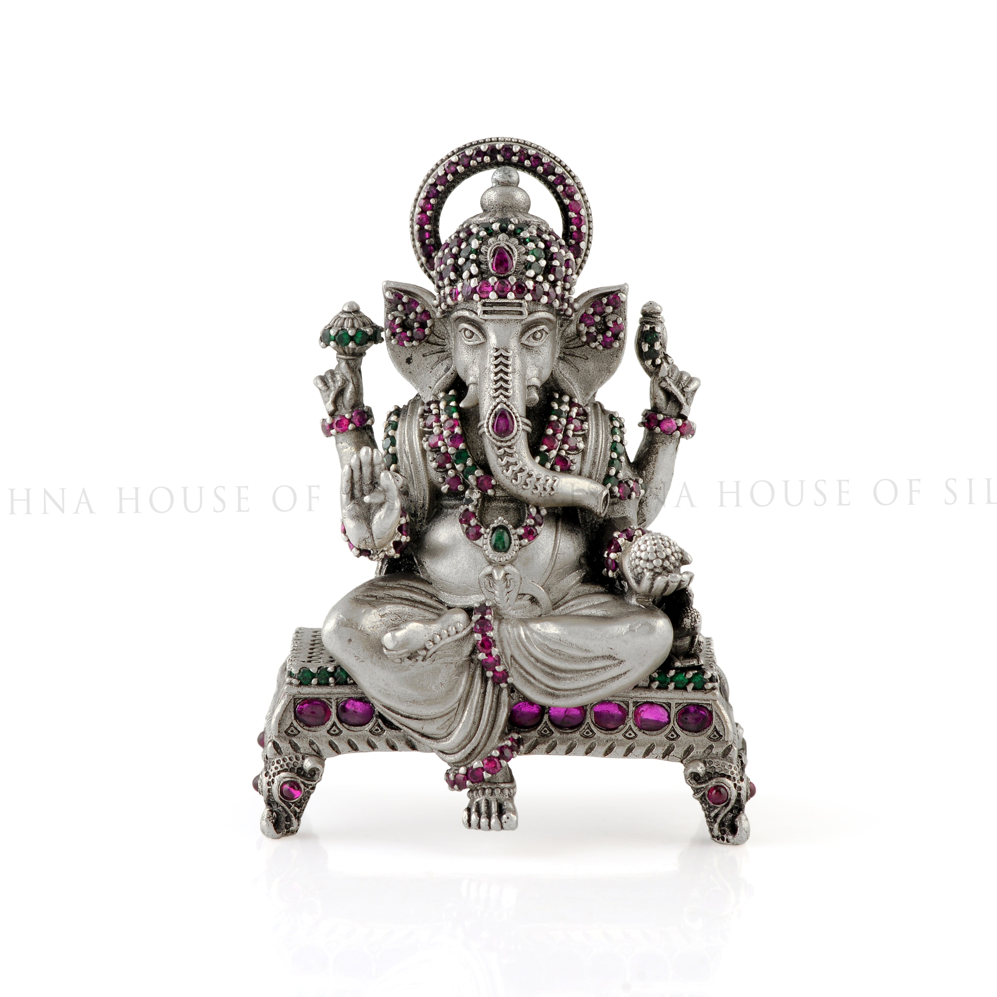 Classic Pitam Design Ganesh Murti 92.5 Silver with Stone Inlay