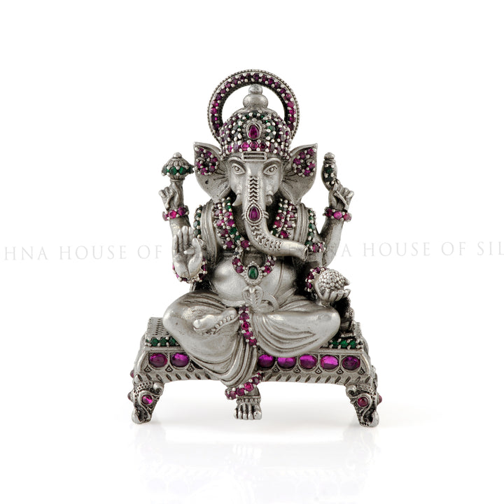 Classic Pitam Design Ganesh Murti 92.5 Silver with Stone Inlay