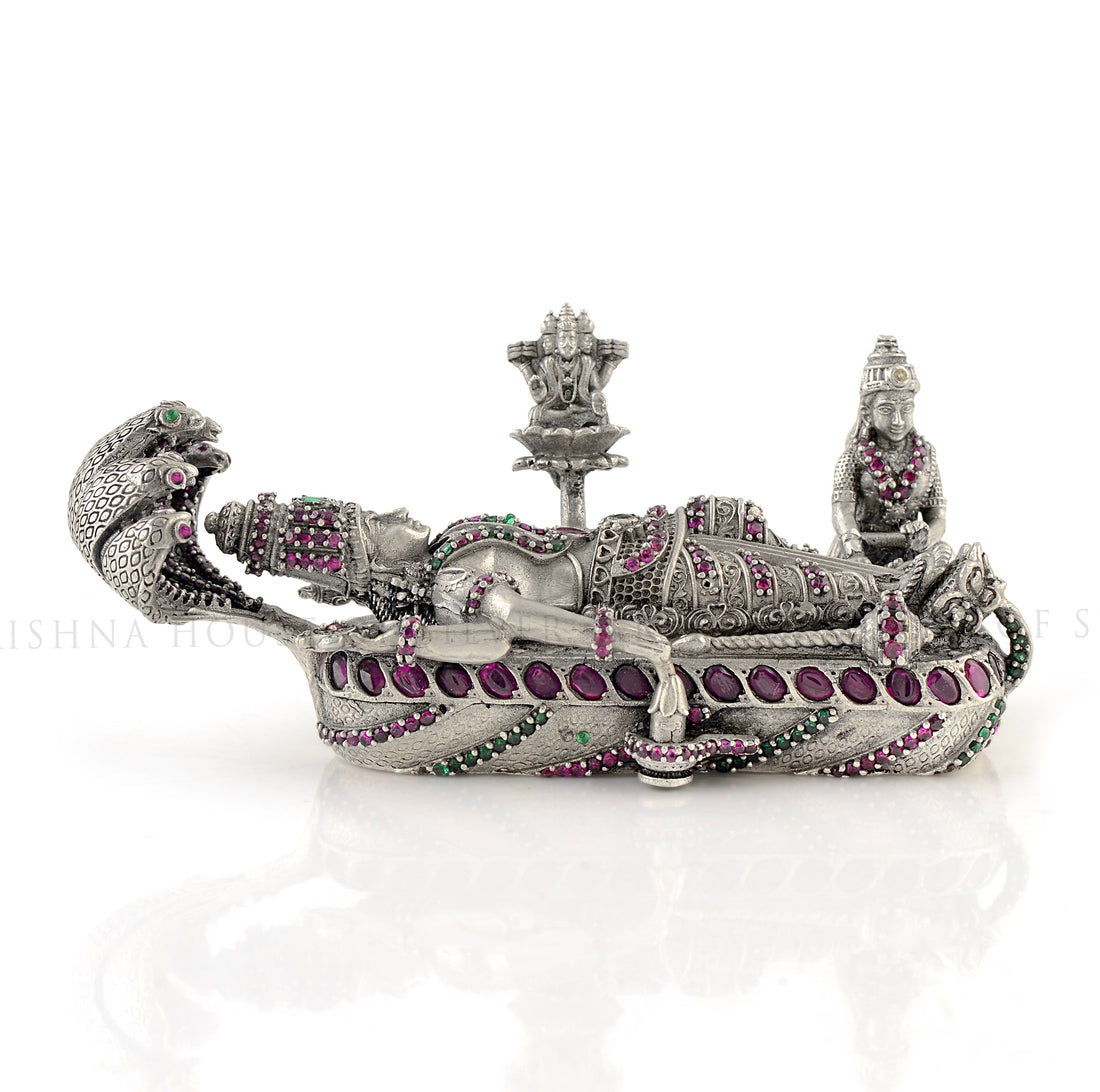 Divine Silver Vishnu Sheshashayi Idol – Reclining Lord on Adishesha with Jeweled Stones Accents