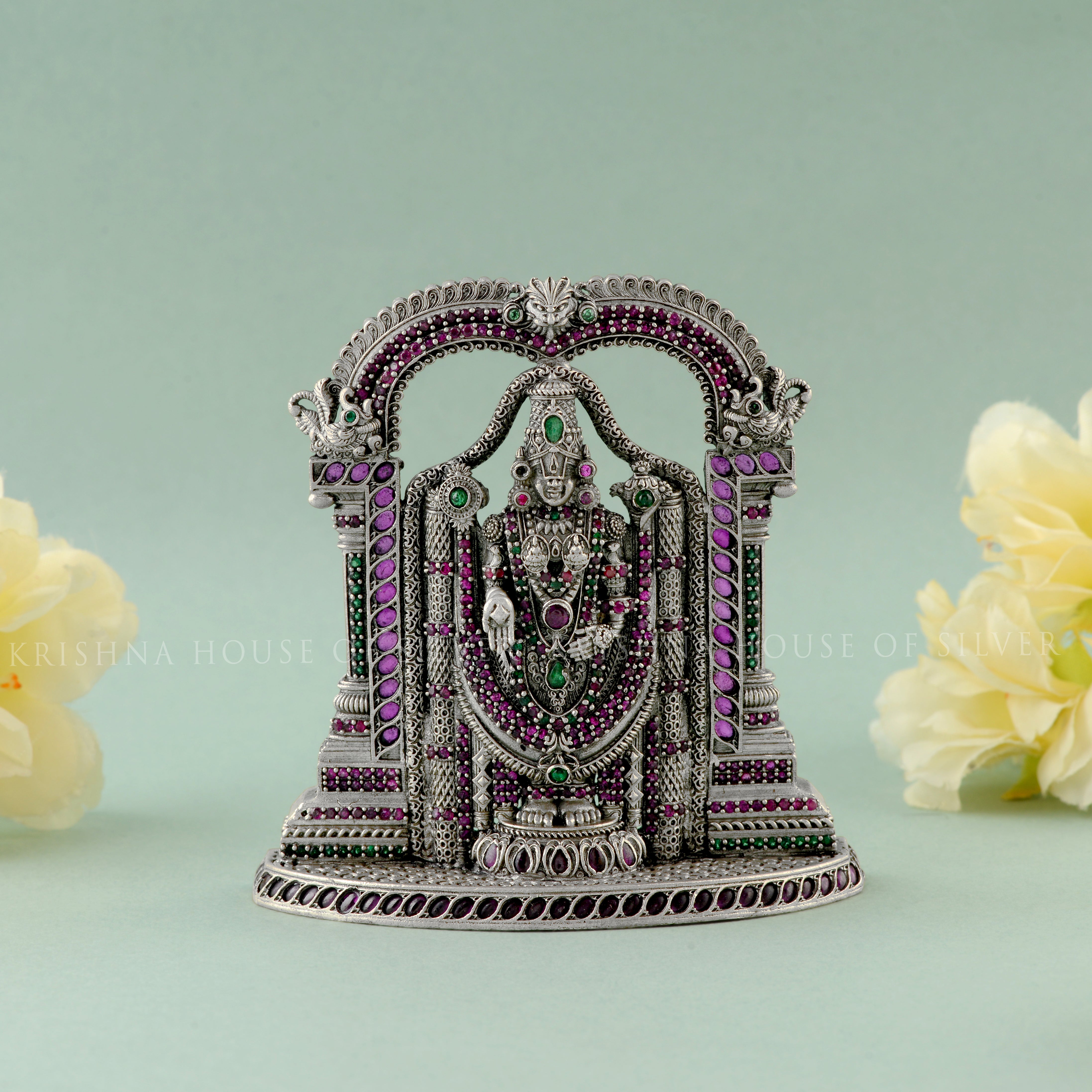Divine Silver Lord Balaji Idol with Gemstones - Krishna House Of Silver