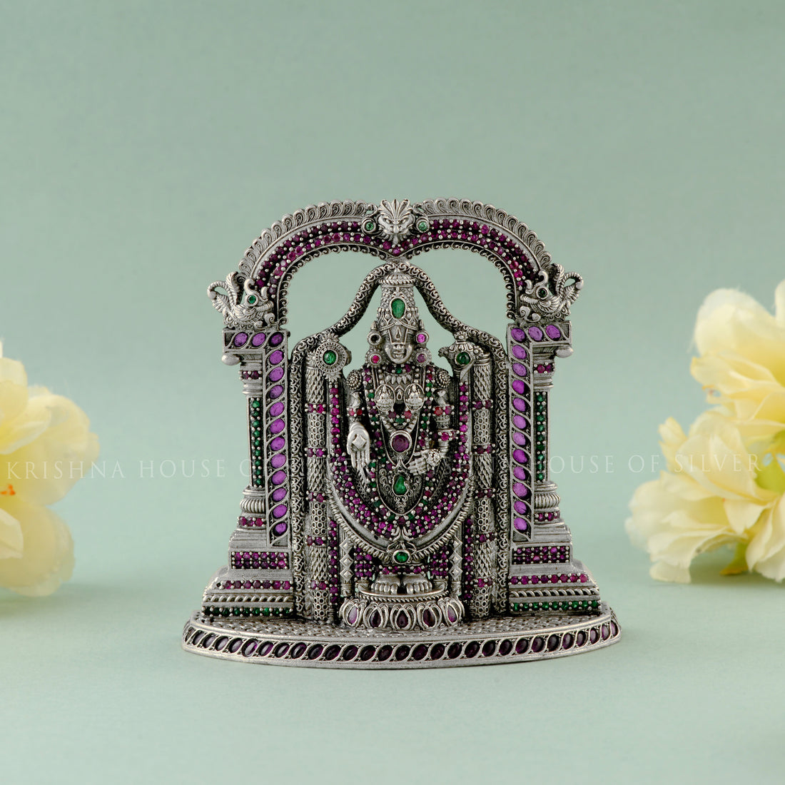 Divine Silver Lord Balaji Idol with Gemstones - Krishna House Of Silver