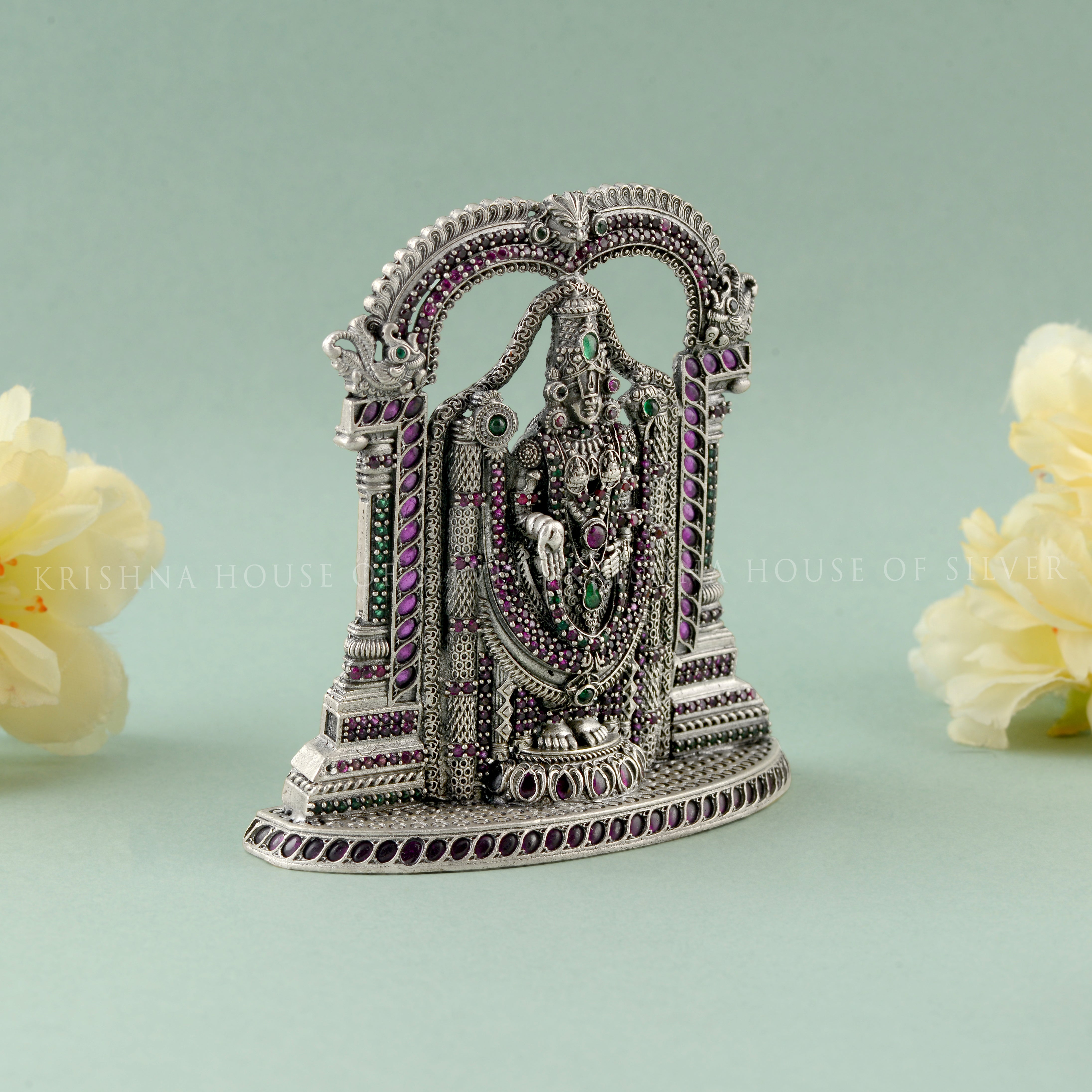 Divine Silver Lord Balaji Idol with Gemstones - Krishna House Of Silver