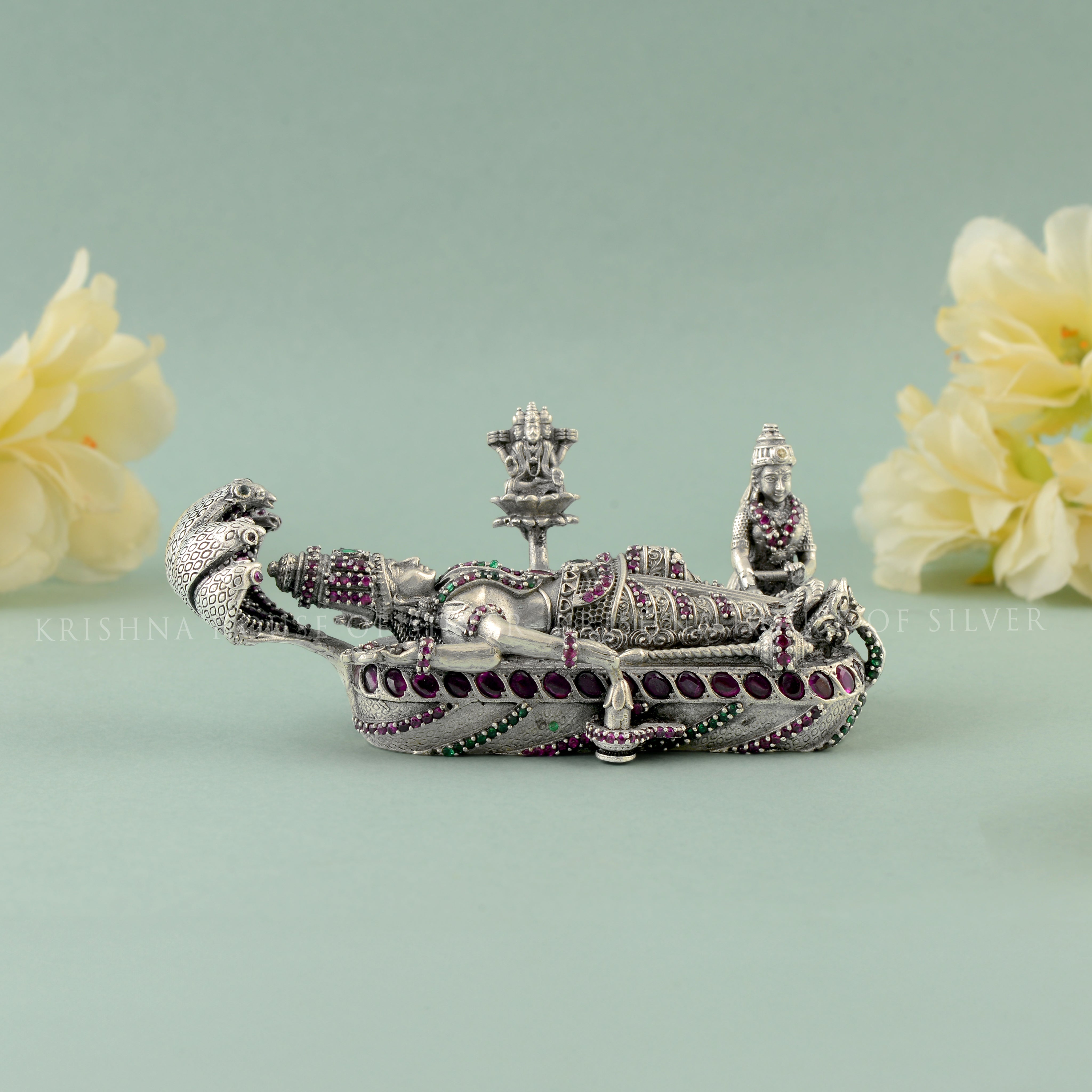 Divine Silver Vishnu Sheshashayi Idol – Reclining Lord on Adishesha with Jeweled Stones Accents