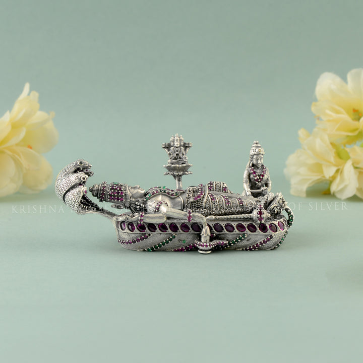 Divine Silver Vishnu Sheshashayi Idol – Reclining Lord on Adishesha with Jeweled Stones Accents