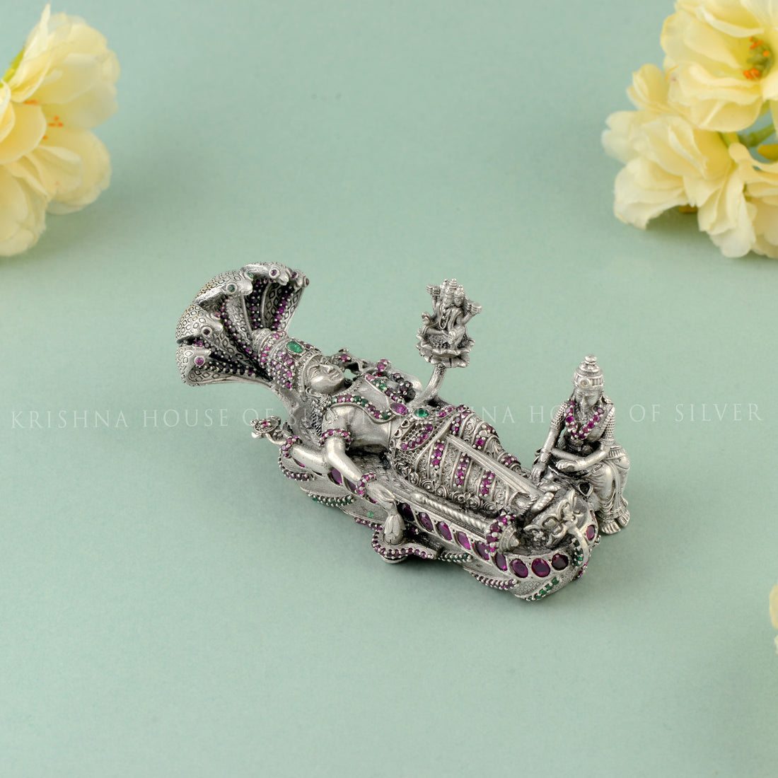 Divine Silver Vishnu Sheshashayi Idol – Reclining Lord on Adishesha with Jeweled Stones Accents