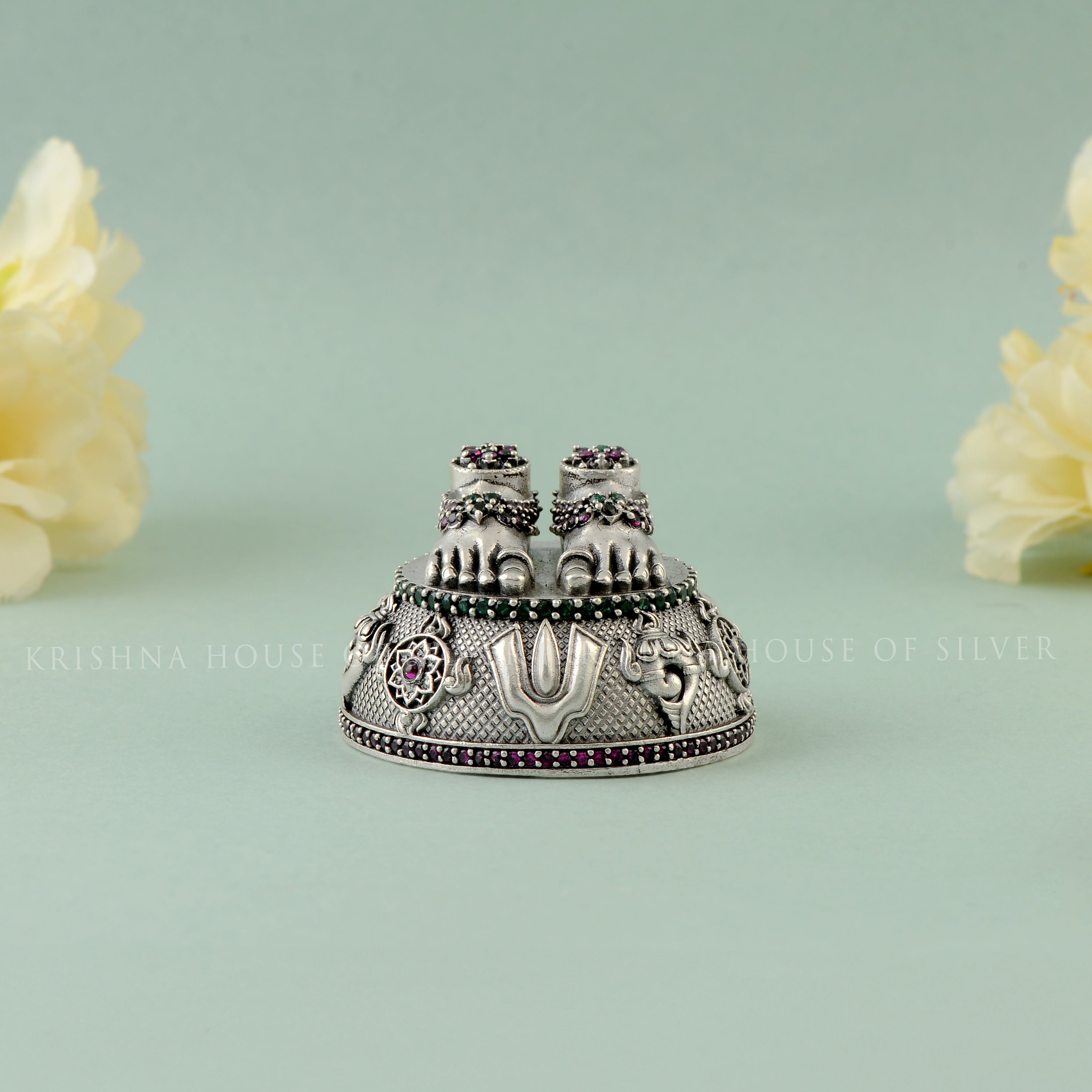 Special Silver Balaji Charan Paduka - Ornate & Embellished with Gemstones