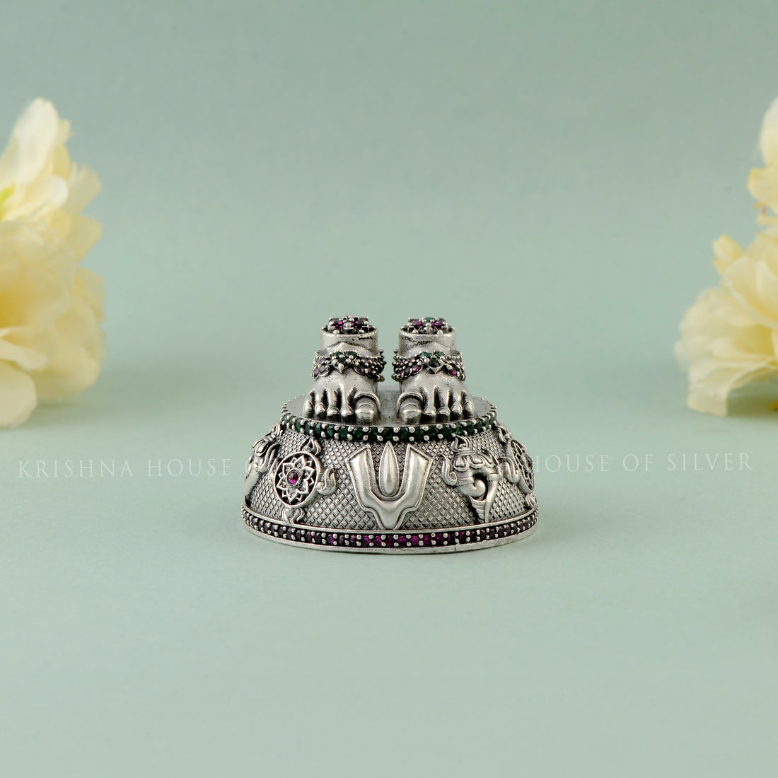 Special Silver Balaji Charan Paduka - Ornate & Embellished with Gemstones