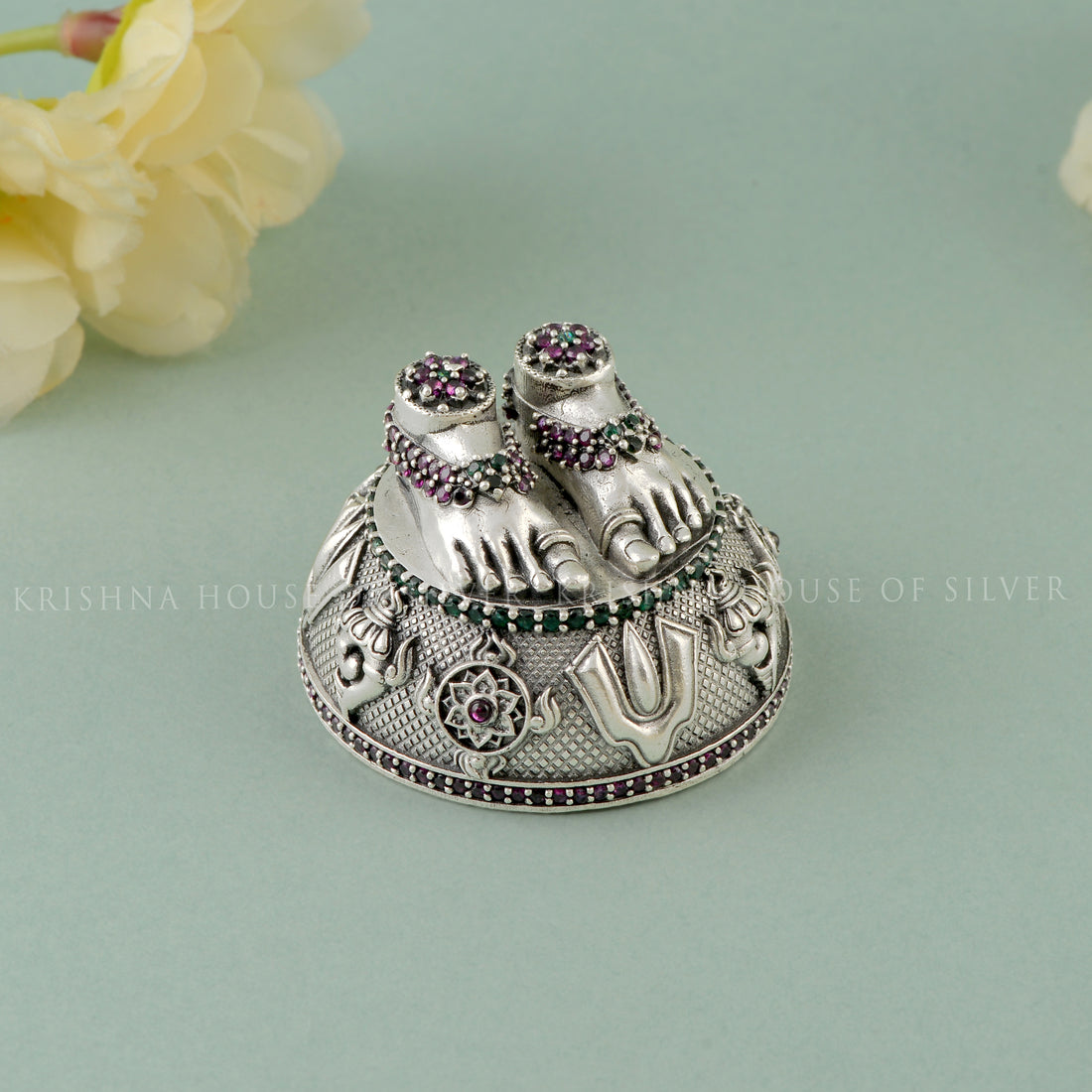 Special Silver Balaji Charan Paduka - Ornate & Embellished with Gemstones