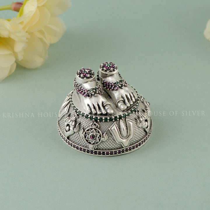 Special Silver Balaji Charan Paduka - Ornate & Embellished with Gemstones
