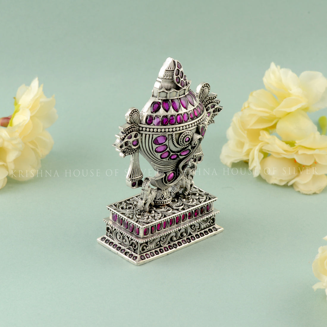 Beautiful Silver Shanku with Elephant Motifs & Gemstone Details