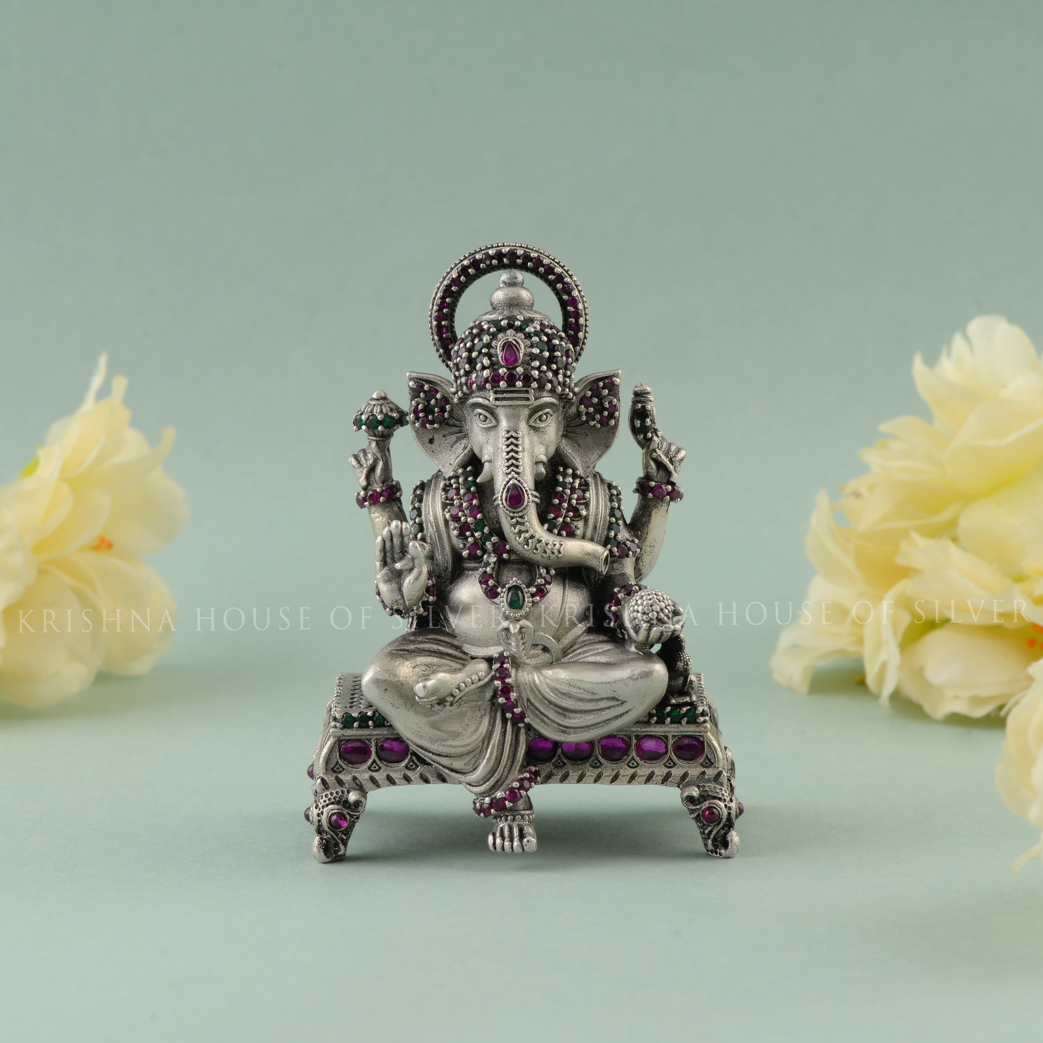 Classic Pitam Design Ganesh Murti 92.5 Silver with Stone Inlay