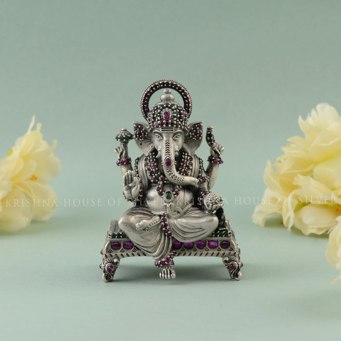 Classic Pitam Design Ganesh Murti 92.5 Silver with Stone Inlay