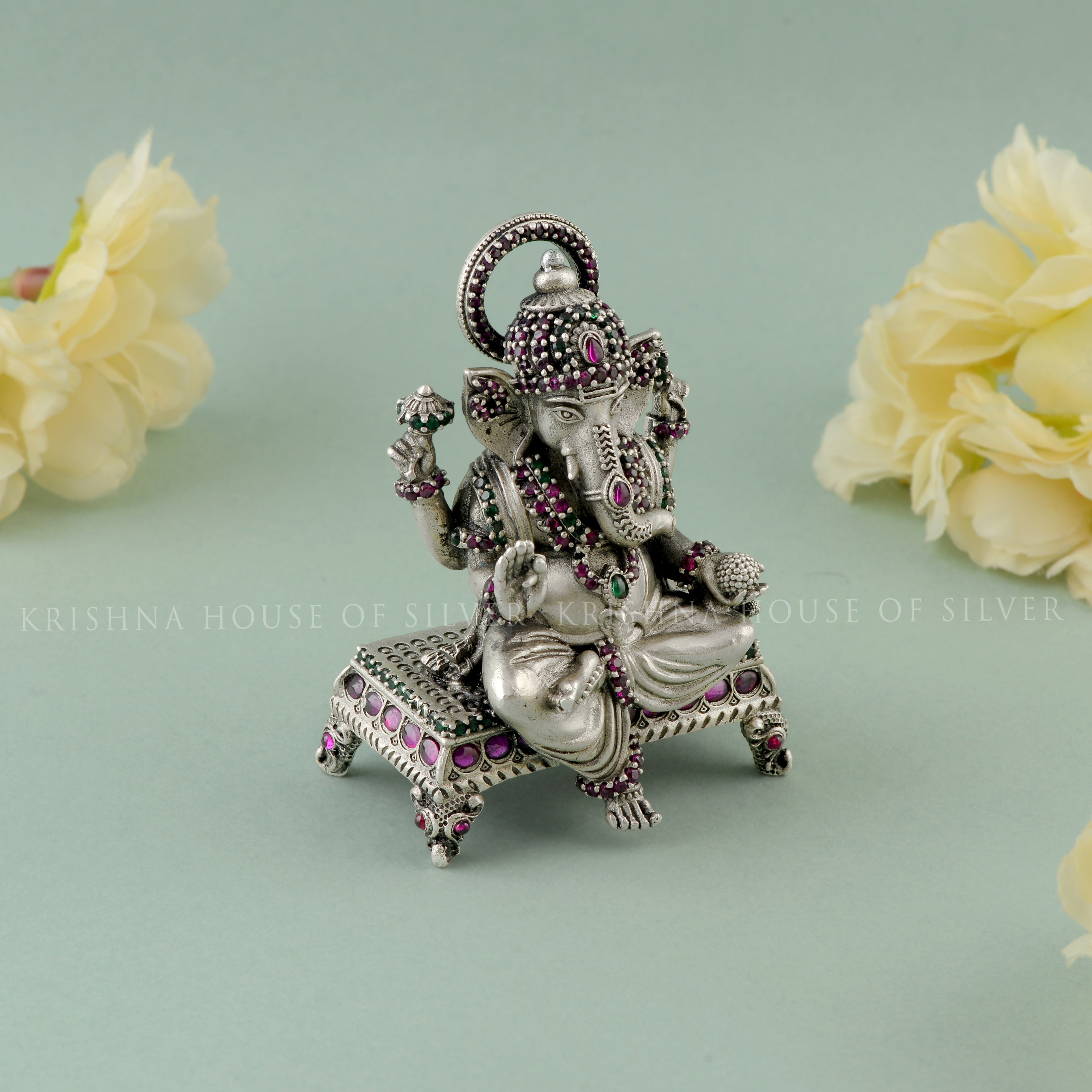 Classic Pitam Design Ganesh Murti 92.5 Silver with Stone Inlay