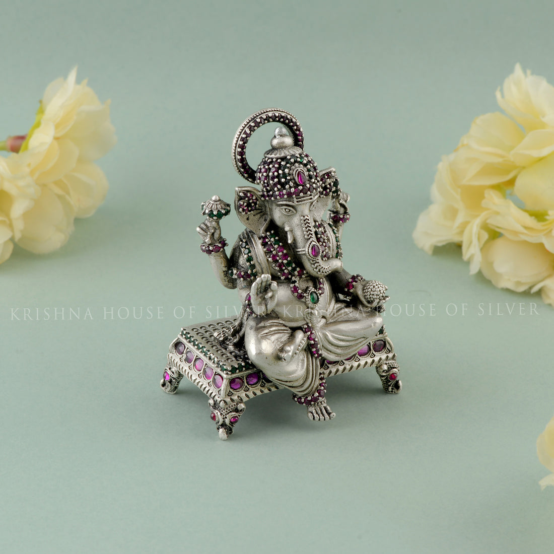 Classic Pitam Design Ganesh Murti 92.5 Silver with Stone Inlay