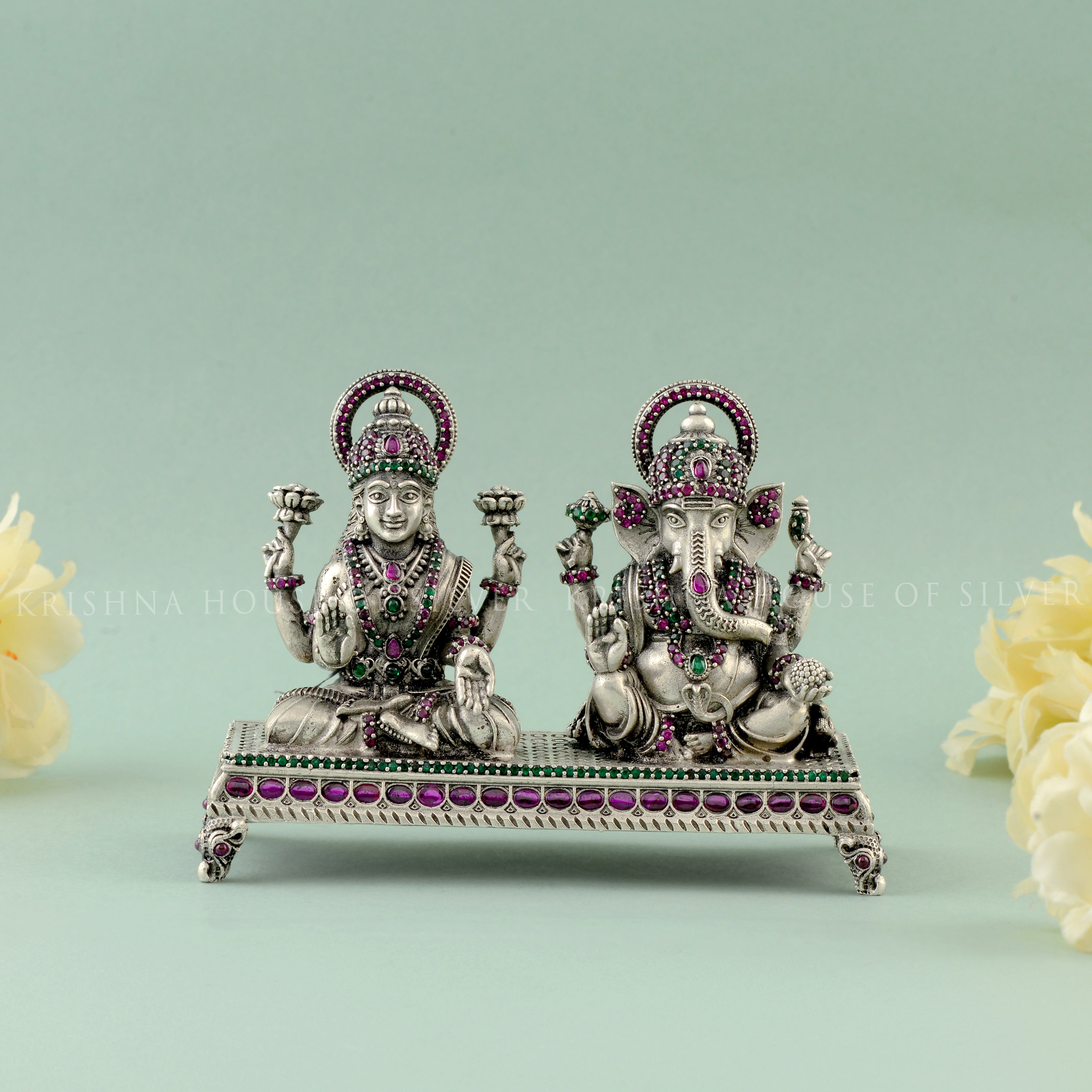 Masterfully Stone Crafted 92.5 Silver Idol - Ganesh & Lakshmi