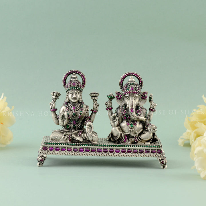Masterfully Stone Crafted 92.5 Silver Idol - Ganesh & Lakshmi