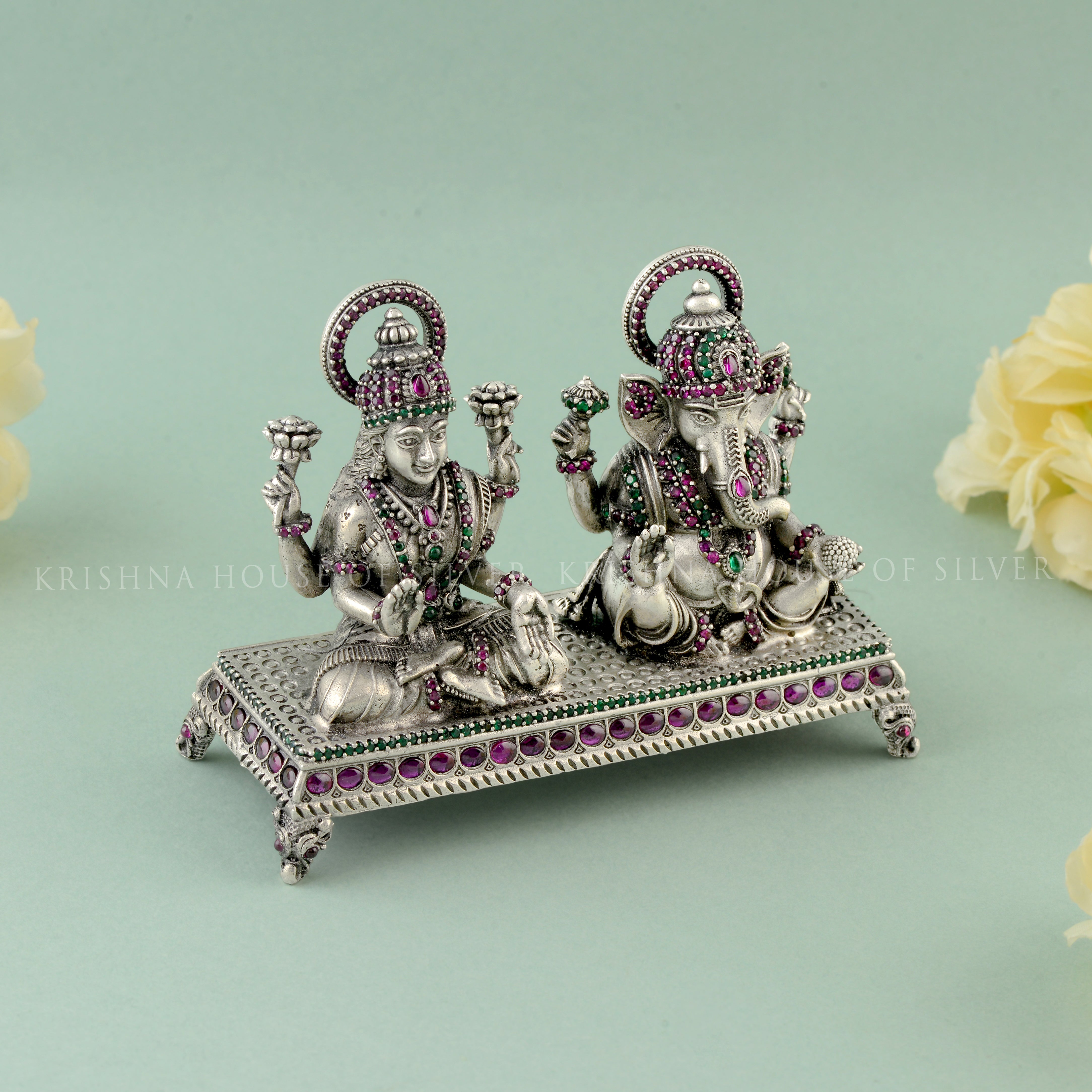 Masterfully Stone Crafted 92.5 Silver Idol - Ganesh & Lakshmi