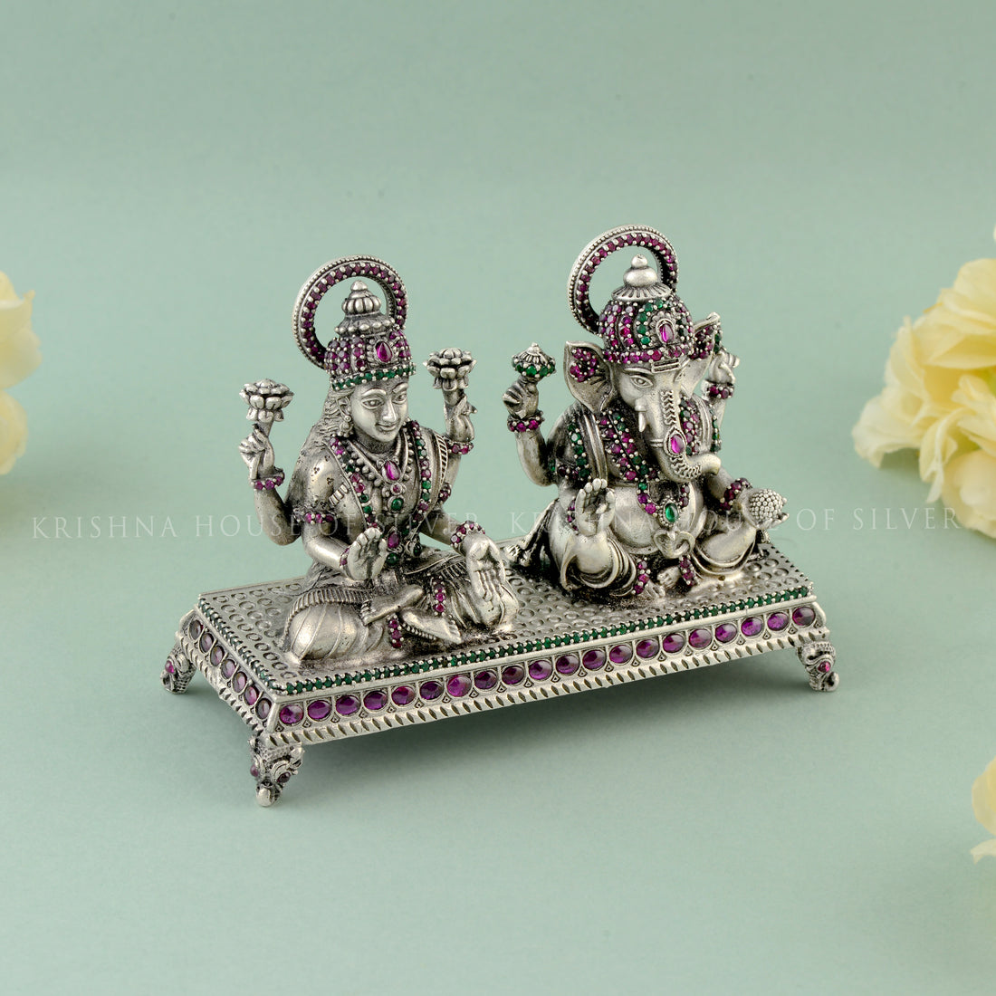 Masterfully Stone Crafted 92.5 Silver Idol - Ganesh & Lakshmi